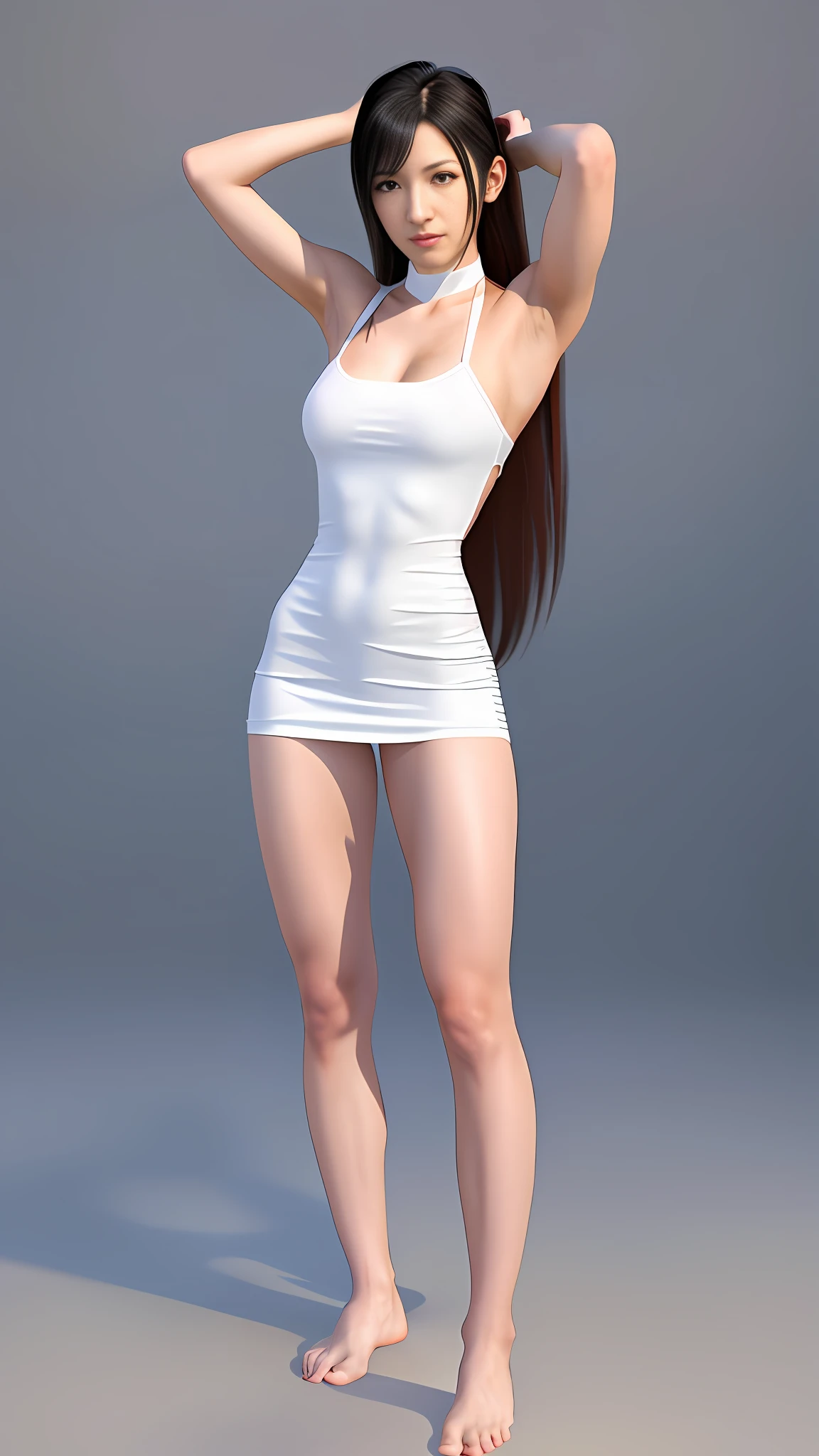 Ray tracing, complex 3d rendering, 8k, raw photo, tifa (tifa, detailed face, tifa, final fantasy), perfect female body, wearing tifa's cheongsam, model standing, long hair, full body, white background, (???? feet: 1.6), (arms above head: 1.9), looking up, , ru_qun