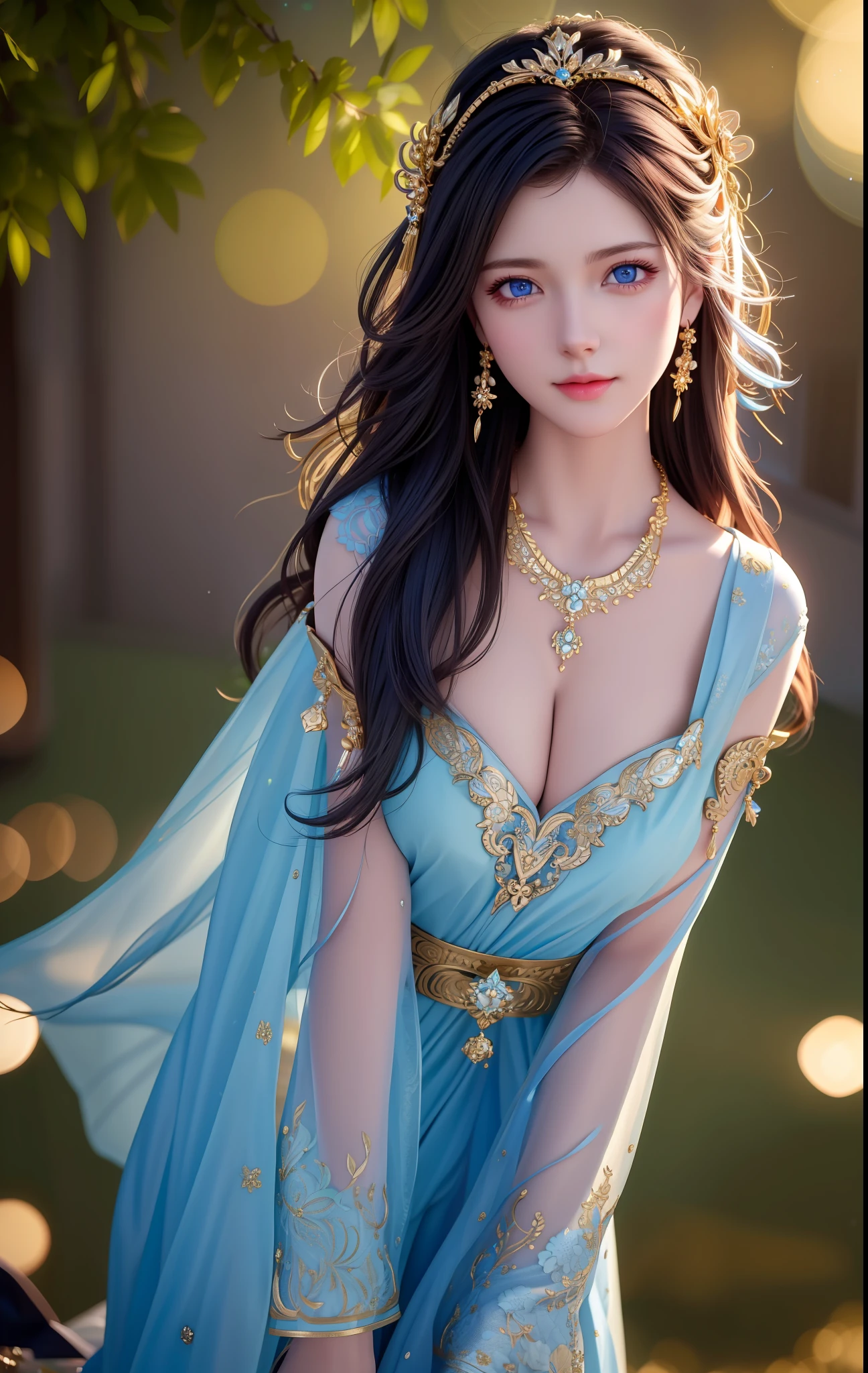 best quality, masterpiece, high_res, 1girl, hair ornament, necklace, jewelry, Beautiful face, tyndall effect, photo realistic, rim lighting, two tone lighting, (high detailed skin:1.2), 8k uhd, dslr, soft lighting, high quality, volumetric lighting, candid, Photograph, high resolution, 4k, 8k, Bokeh, medium breasts, absurdres, view of the body from head to knees, blue eyes color,