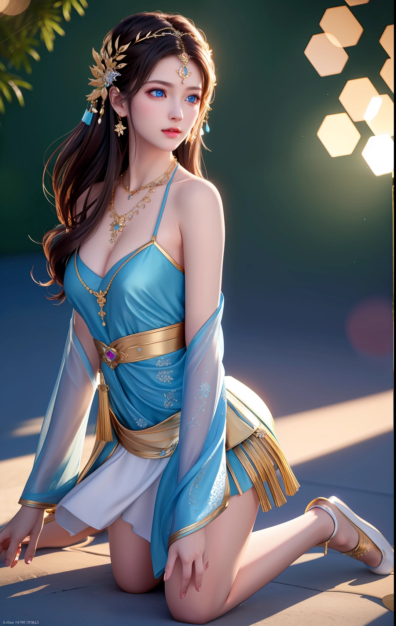 best quality, masterpiece, high_res, 1girl, hair ornament, necklace, jewelry, Beautiful face, tyndall effect, photo realistic, rim lighting, two tone lighting, (high detailed skin:1.2), 8k uhd, dslr, soft lighting, high quality, volumetric lighting, candid, Photograph, high resolution, 4k, 8k, Bokeh, medium breasts, absurdres, view of the body from head to knees, blue eyes color,