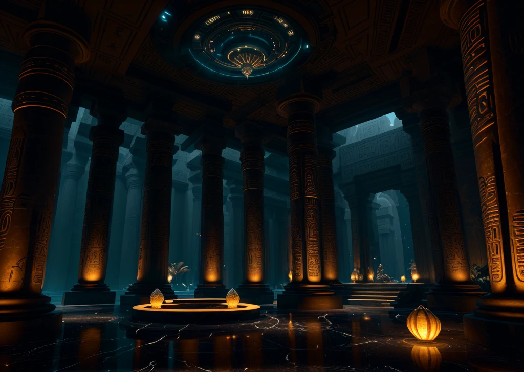 incredible black luxurious futuristic interior in Ancient Egyptian style with lotus flowers, palm trees, hieroglyphics, rocky walls, sand, marble, precious minerals, metals, gemstones, crystals, clouds and water, crocodiles, ultra luxury, black marble – with beautiful lights, Unreal Engine, HQ, 16k