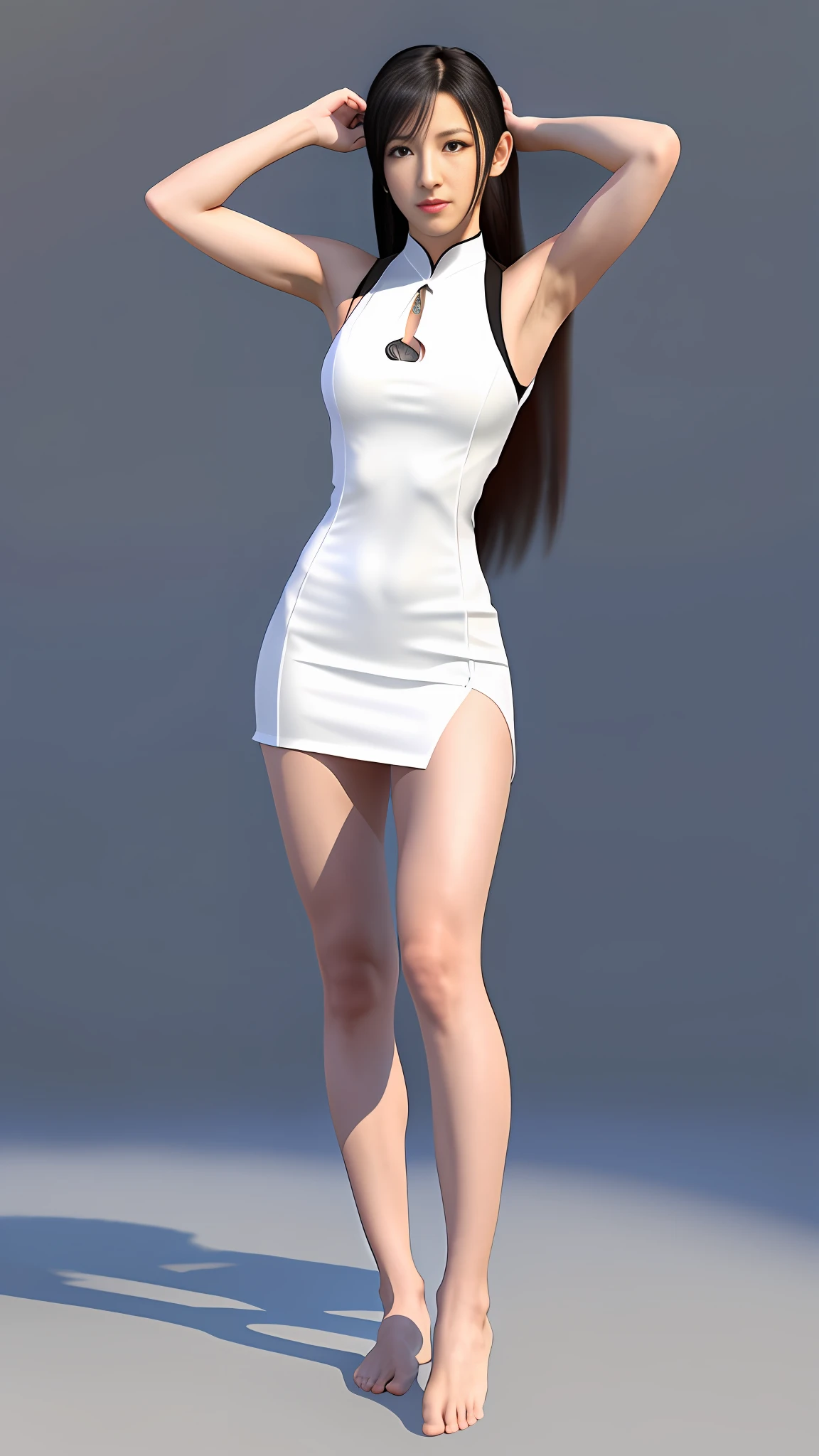 Ray tracing, complex 3d rendering, 8k, raw photo, tifa (tifa, detailed face, tifa, final fantasy), perfect female body, wearing a cheongsam with high slits, model standing, long hair, full body, white background , (barefoot: 1.6), (arm extension: 1.9), looking up, , ru_qun