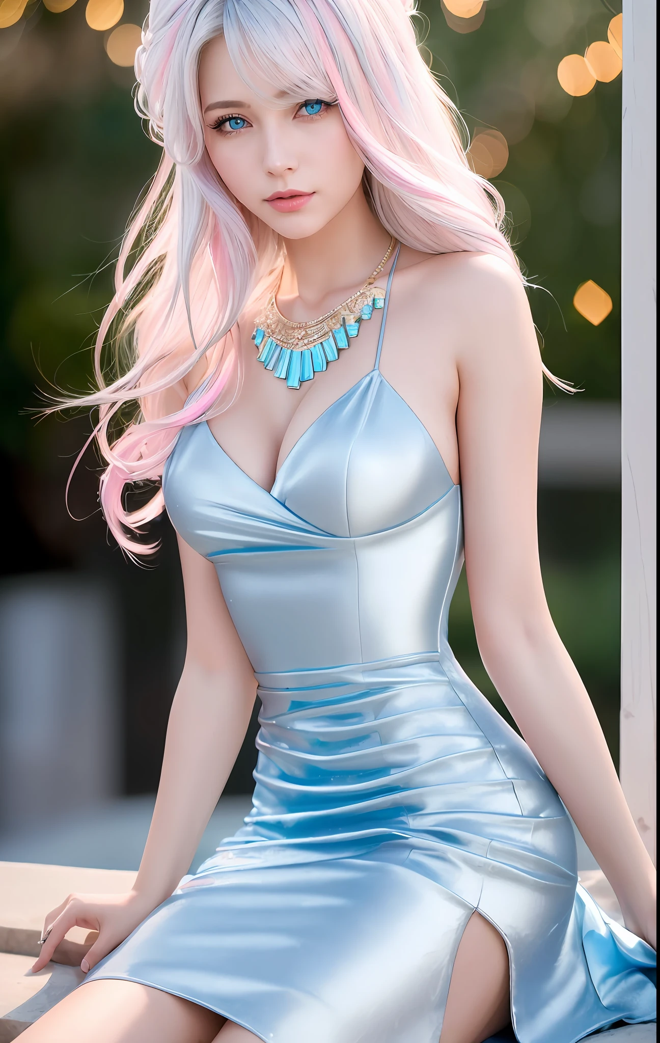 best quality, masterpiece, high_res, 1girl, hair ornament, necklace, jewelry, Beautiful face, tyndall effect, photo realistic, rim lighting, two tone lighting, (high detailed skin:1.2), 8k uhd, dslr, soft lighting, high quality, volumetric lighting, candid, Photograph, high resolution, 4k, 8k, Bokeh, medium breasts, absurdres, white hair color, view of the body from head to knees, blue eyes color, pink color dress,