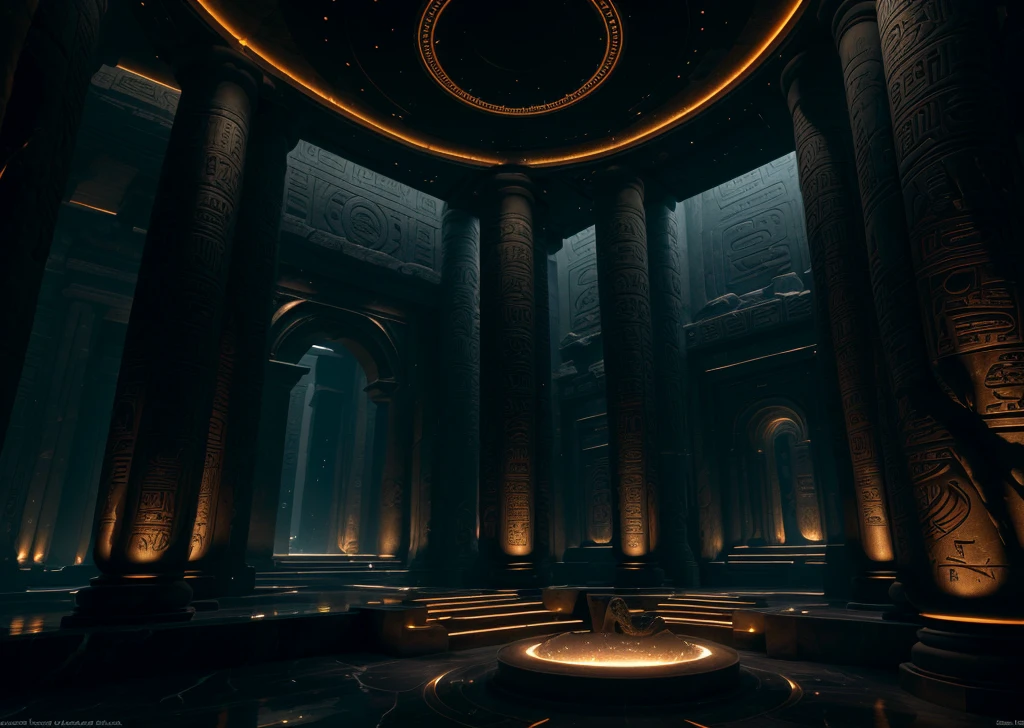 incredible black luxurious futuristic interior in Ancient Egyptian style with lotus flowers, palm trees, hieroglyphics, rocky walls, sand, marble, precious minerals, metals, gemstones, crystals, clouds and water, crocodiles, ultra luxury, black marble – with beautiful lights, Unreal Engine, HQ, 16k