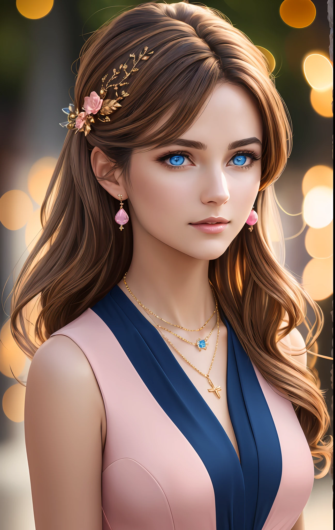 best quality, masterpiece, high_res, 1girl, hair ornament, necklace, jewelry, Beautiful face, tyndall effect, photo realistic, rim lighting, two tone lighting, (high detailed skin:1.2), 8k uhd, dslr, soft lighting, high quality, volumetric lighting, candid, Photograph, high resolution, 4k, 8k, Bokeh, medium breasts, absurdres, light brown hair color, view of the body from head to knees, blue eyes color, pink color dress,