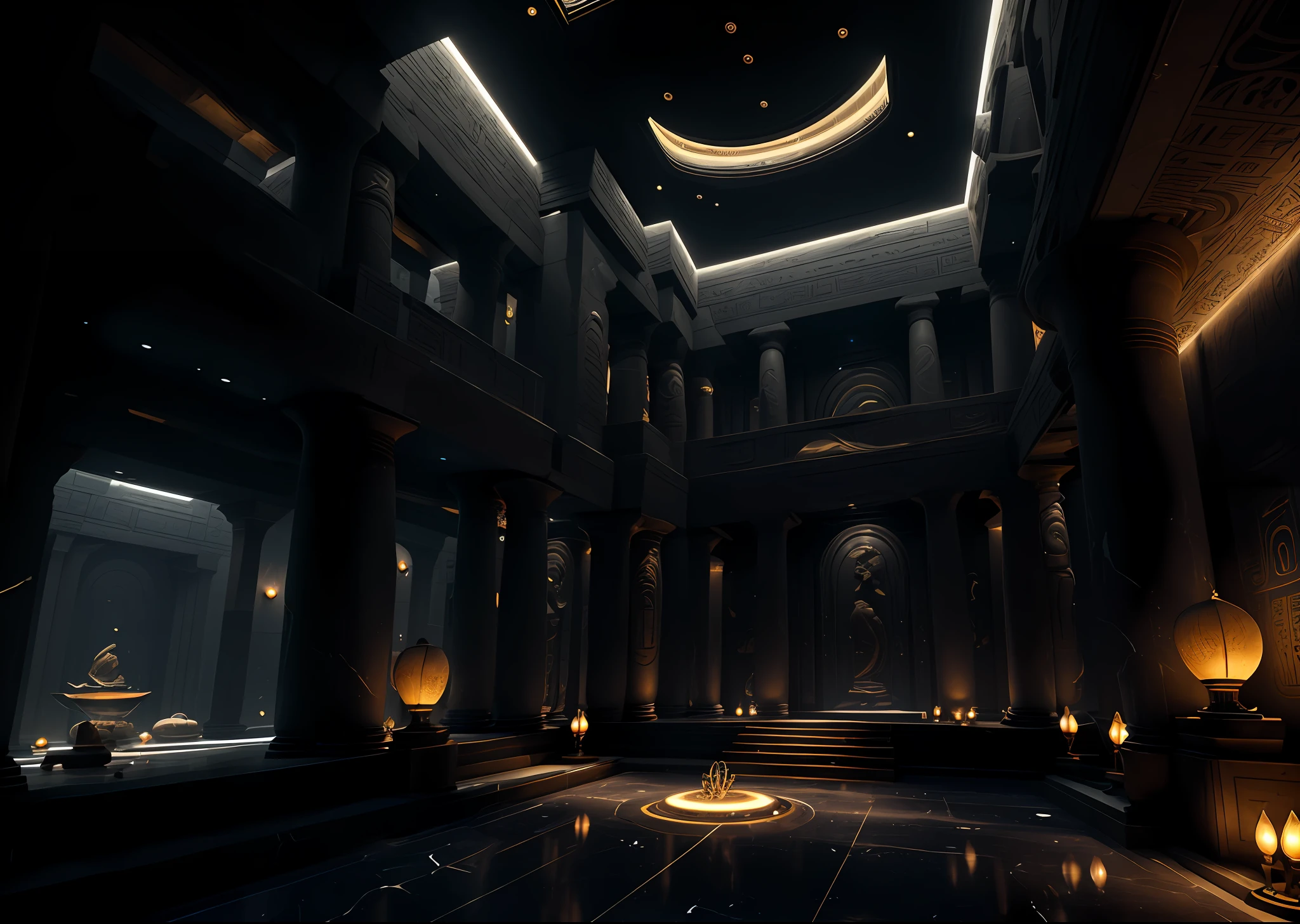 incredible black luxurious futuristic interior in Ancient Egyptian style with lotus flowers, palm trees, hieroglyphics, rocky walls, sand, marble, precious minerals, metals, gemstones, crystals, clouds and water, crocodiles, ultra luxury, black marble – with beautiful lights, Unreal Engine, HQ, 16k