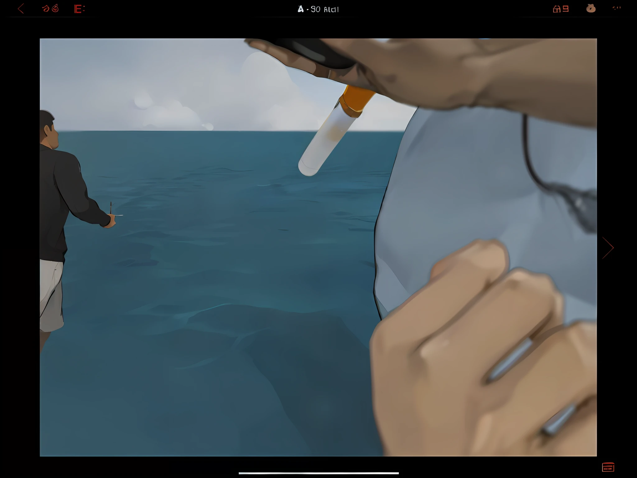Man fishes in sea with cigarette in hand, in game graphics, realistic water, rotoscoped, animation still, realistic water clear focus, realistic ocean, digital screenshot, animated still screenshot, realistic shot