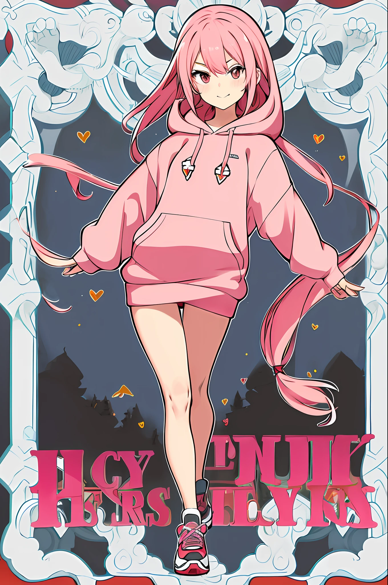a cute girl athletic body, attractive female, hacker, wearing a hoodie, bustiness, shoes, walking in an surface of mars, full body image, long pink hair front-facing looking at camera