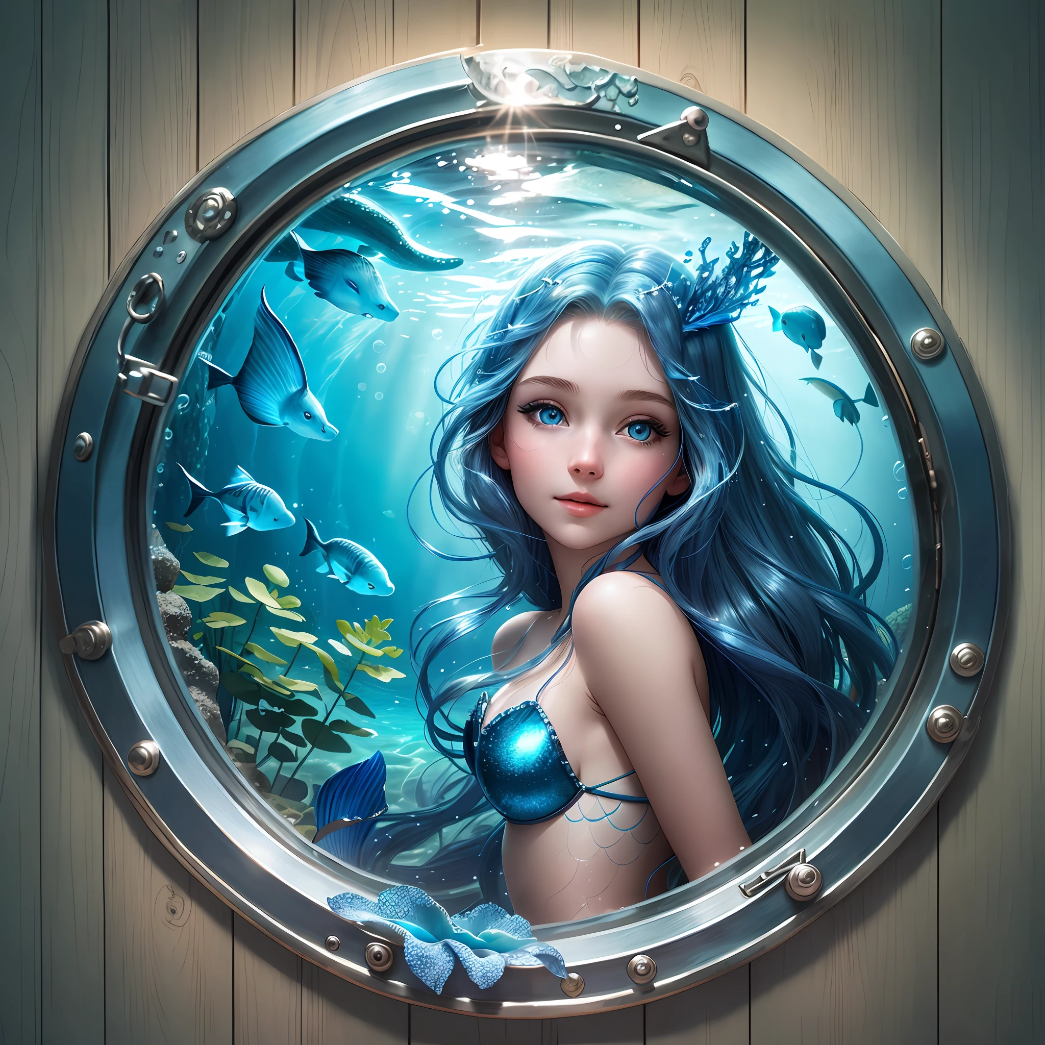 Young mermaid peeking into a ship's porthole with a delicate and beautiful face, shimmering blue scales, flowing long hair, and sparkling blue eyes, against a magical underwater world backdrop with marine creatures and plants surrounding her, --v6