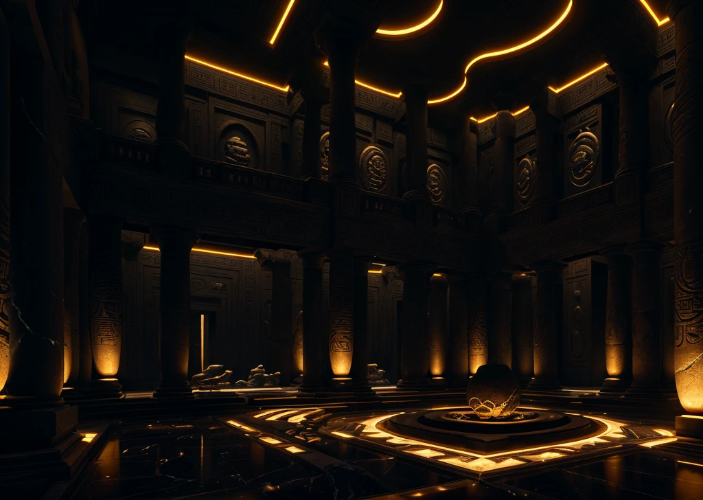 incredible black luxurious futuristic interior in Ancient Egyptian style with lotus flowers, palm trees, hieroglyphics, rocky walls, sand, marble, precious minerals, metals, gemstones, crystals, clouds and water, crocodiles, ultra luxury, black marble – with beautiful lights, Unreal Engine, HQ, 16k