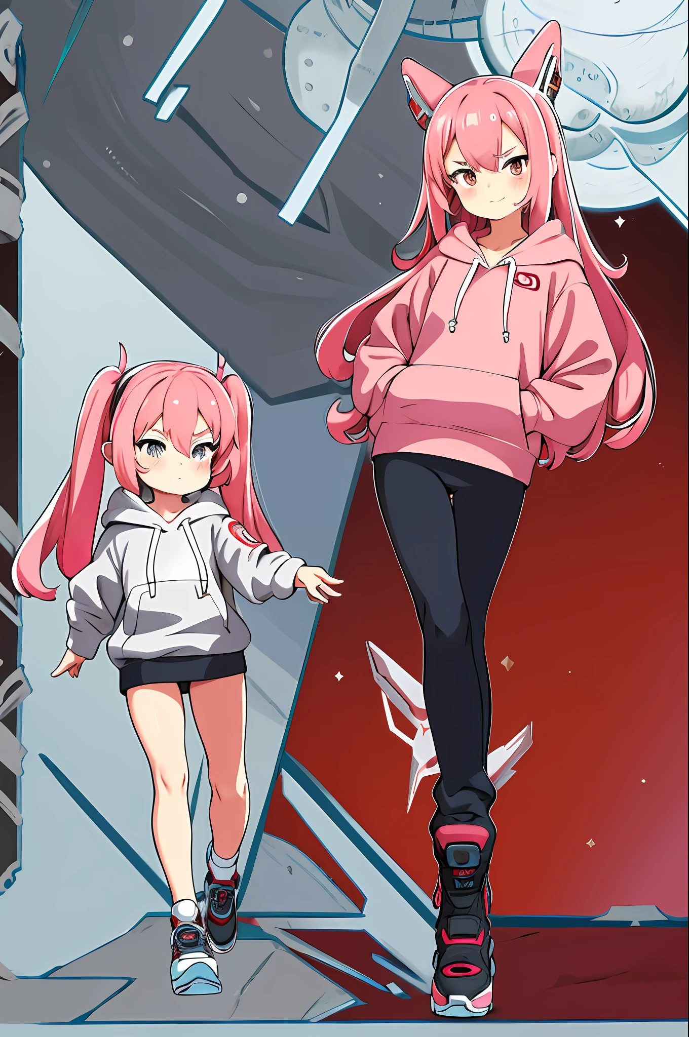 a cute girl athletic body, attractive female, hacker, wearing a hoodie, bustiness, shoes, walking in an surface of mars, full body image, long pink hair front-facing looking at camera