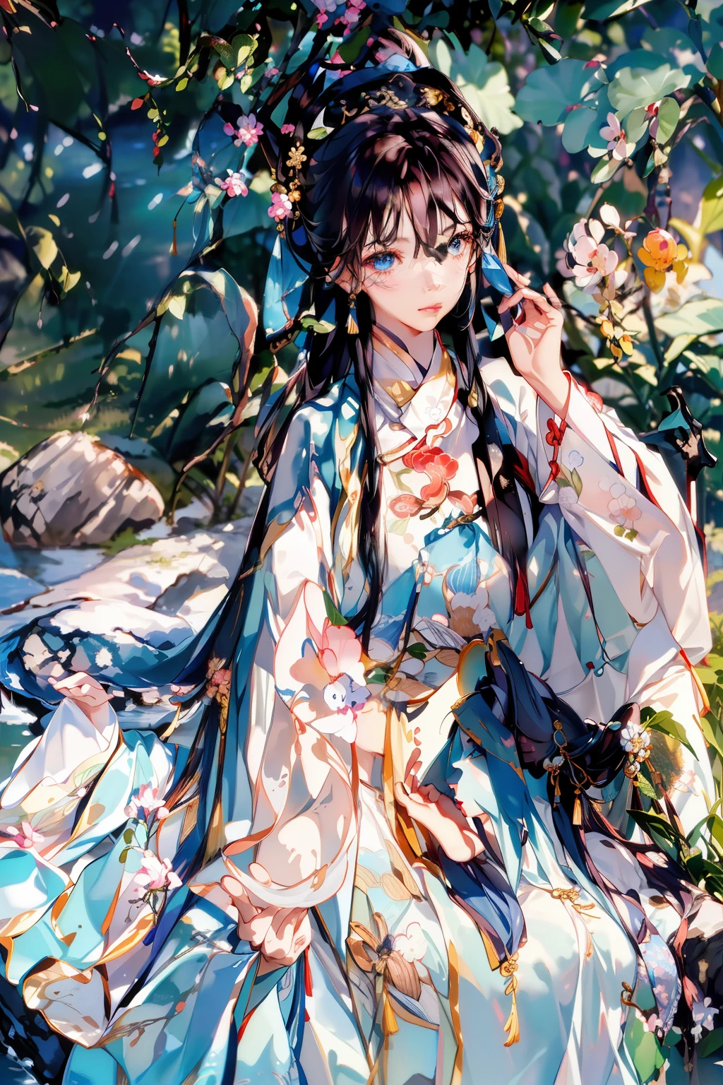 (8k, best quality), (realistic, photo-realistic),(yaqian), 1girl, solo,(upper body),(looking_at_viewer), chinese clothes, 汉服, nature, river,sunny,