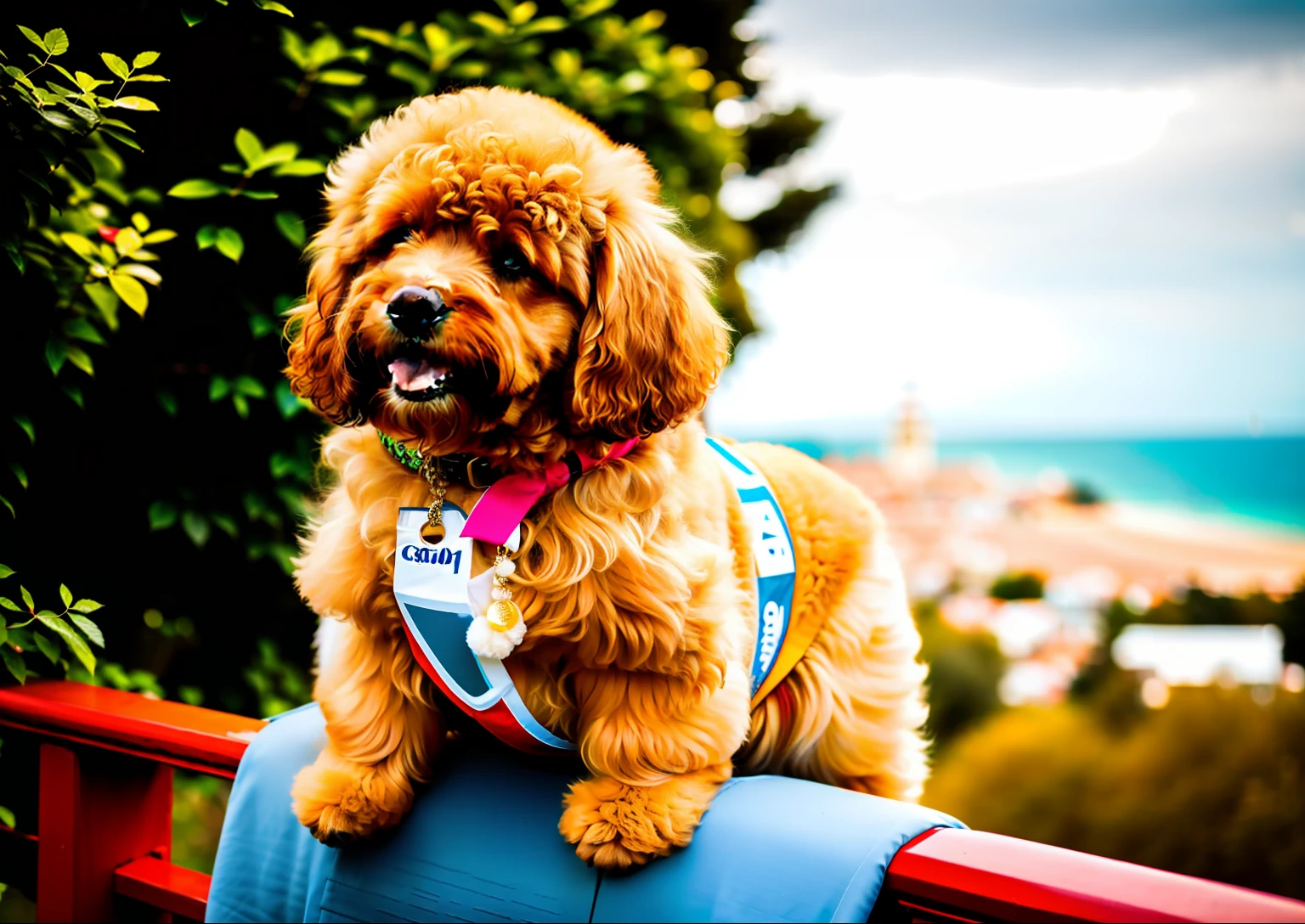 (Ultra HD photo of golden plush poodle), (dynamic pose, ((Puppy Nugget) AND (Bella)), showing a bright smile, blue eyes), beautiful east view background, shining streamer, (Canon EOS R6 AND Octa 8K)::0.8