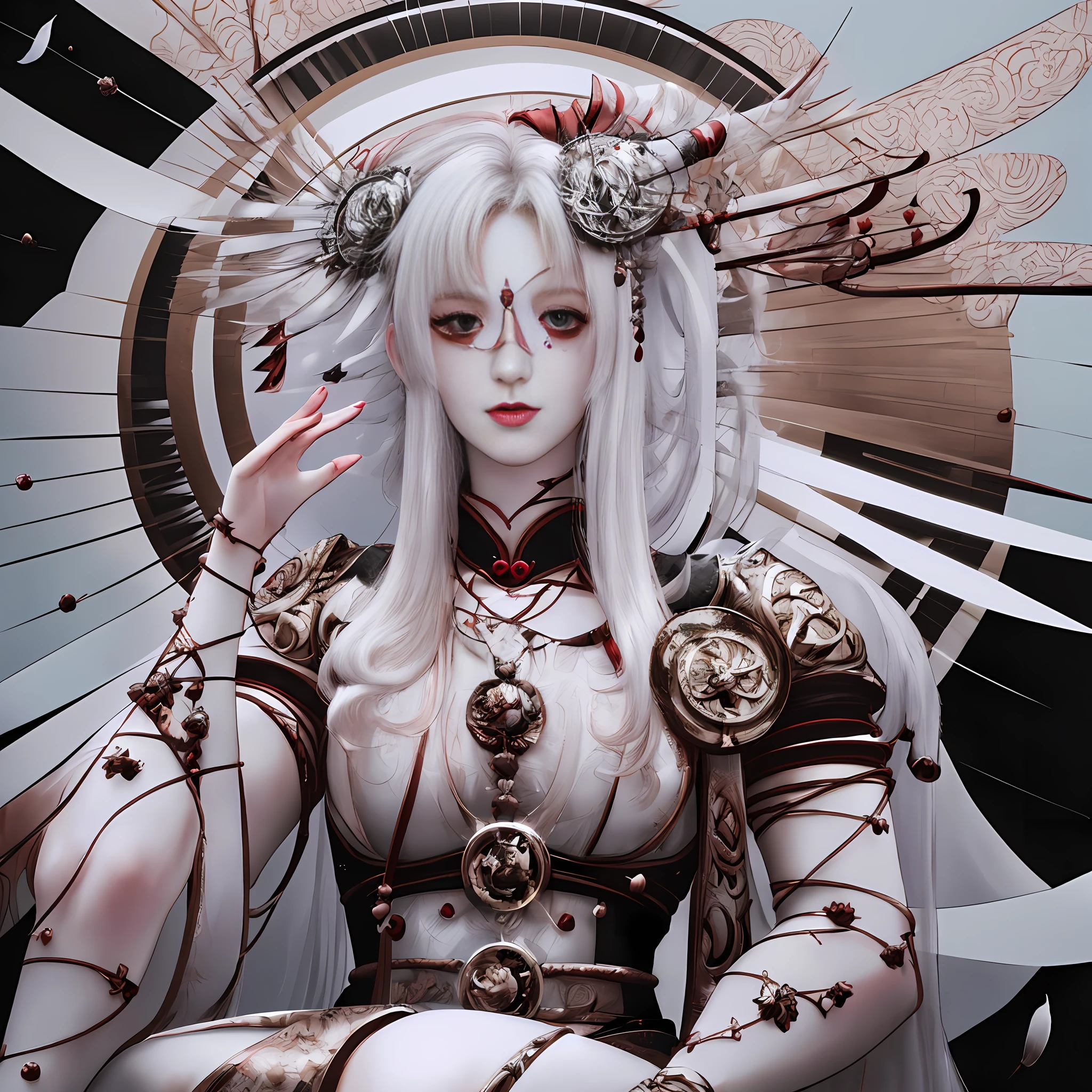 Image of graceful goddess sitting on a tree branch, red-haired kami, detailed art of Onmyoji, ethereal anime, beautiful female Grim Reaper, gorgeous gauze and feather gown, veil, light of the gods,,, (RAW photo: 1.2), (photorealistic:1.4),(masterpiece:1.3),(best quality:1.4), dreamlike, (detailed eyes),(detailed facial features), (detailed clothes features), (shiny skin),(slender girl) ,(slim girl), 1girl, solo, cute, innocent, smlie, VirtualGirl-Aim, (medium breast), bangs, straight hair, long hair,