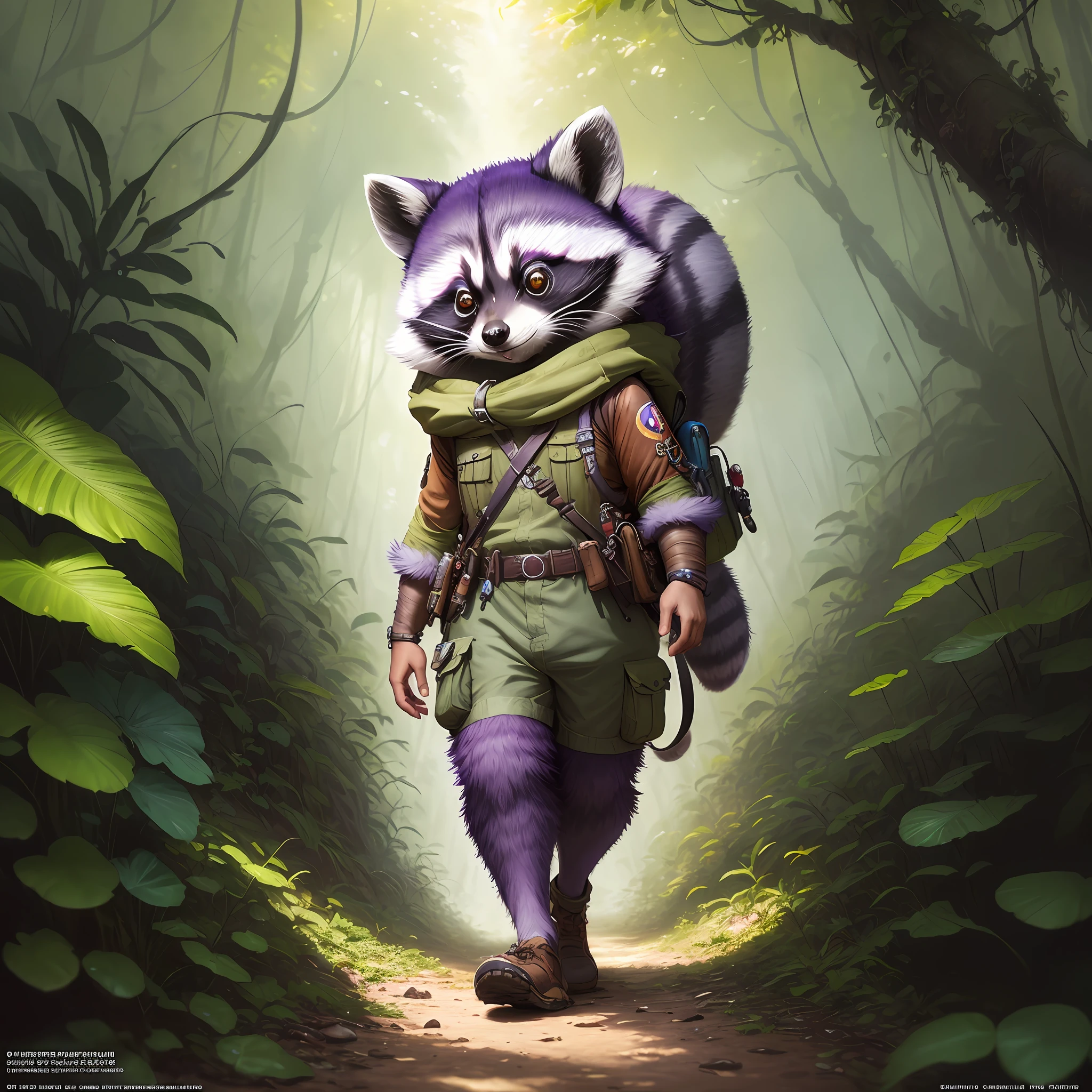 Cute raccoon adventurer walking in a colorful wild jungle, oversaturated, Jean-Baptiste Monge, Gilles Beloeil, Tyler Edlin, Marek Okon, Pixar, 8k, album cover, comic book style, golden ratio, perfect composition, masterpiece, artstation trend, purple fur