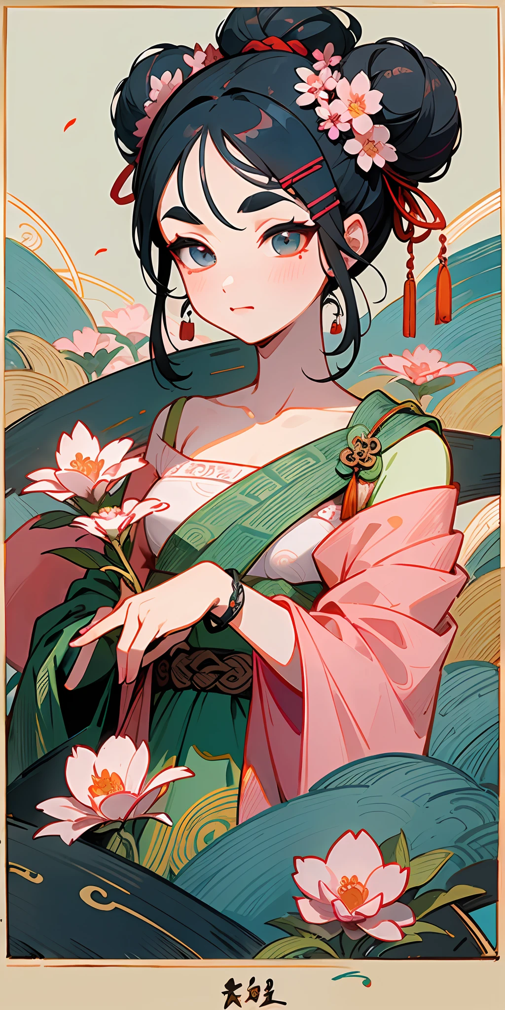 An ancient Chinese beauty, willow-leaf eyebrows, wearing an ancient Chinese pink off-the-shoulder dress, bare neck, flowing cloak, bun with hairpin, flower hairpin, bracelet, traditional Chinese painting, western painting art, watercolor, ink, popular on cgstation, masterpiece, most good quality, 32K --v 6