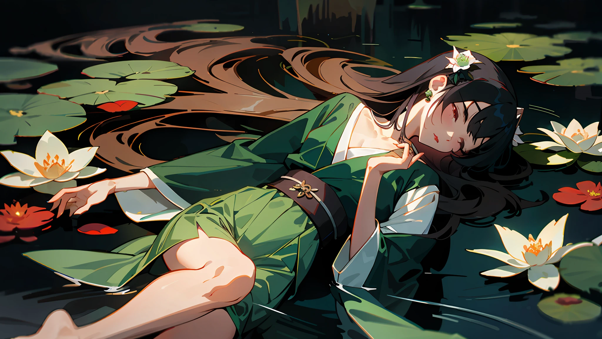 Dark green Hanfu, a woman, cool, fair skin, sea of flowers, pond, lily, clavicle, eyes closed, half submerged in water, dark background, moonlight, hairpin, jade pendant, Hanfu, delicate face, hair accessories, Red lips, skirt, belt, jewelry, long hair, earrings, , Hanfu, best quality, silky hair, perfect body proportions, wet, slender legs