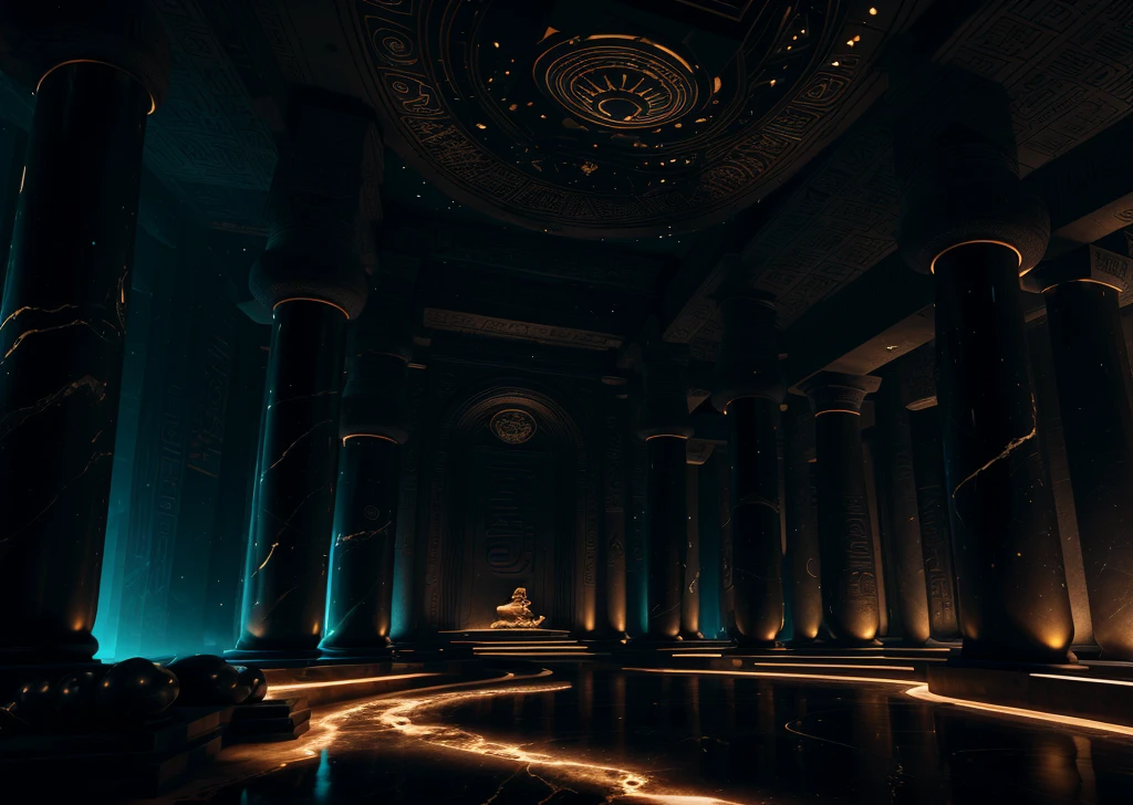 incredible black luxurious futuristic interior in Ancient Egyptian style with lotus flowers, palm trees, hieroglyphics, rocky walls, sand, marble, precious minerals, metals, gemstones, crystals, clouds and water, crocodiles, ultra luxury, black marble – with beautiful lights, Unreal Engine, HQ, 16k