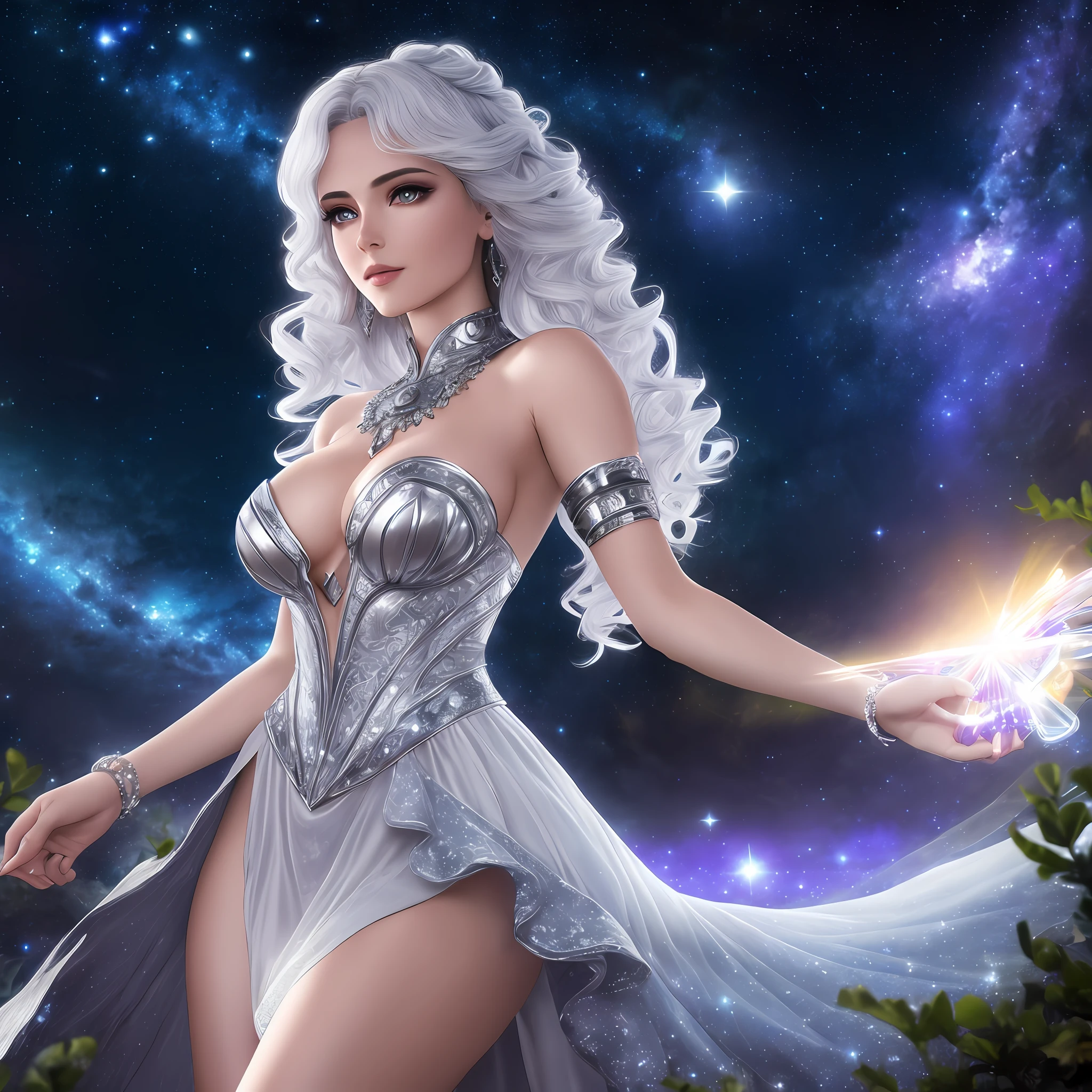 Fantasy style, a hyper realistic detailed image of a celestial feminine woman, covered in nightly glow, looking straight ahead, body facing camera, camera top third of image, perfect composition, super detailed, sharp focus HDR, UDR, 120k, square jaw, light silver and white colored skimpy dress, silver shoulder plates, long curly white hair, amber eyes, in a dark stary night-time fantasy background,