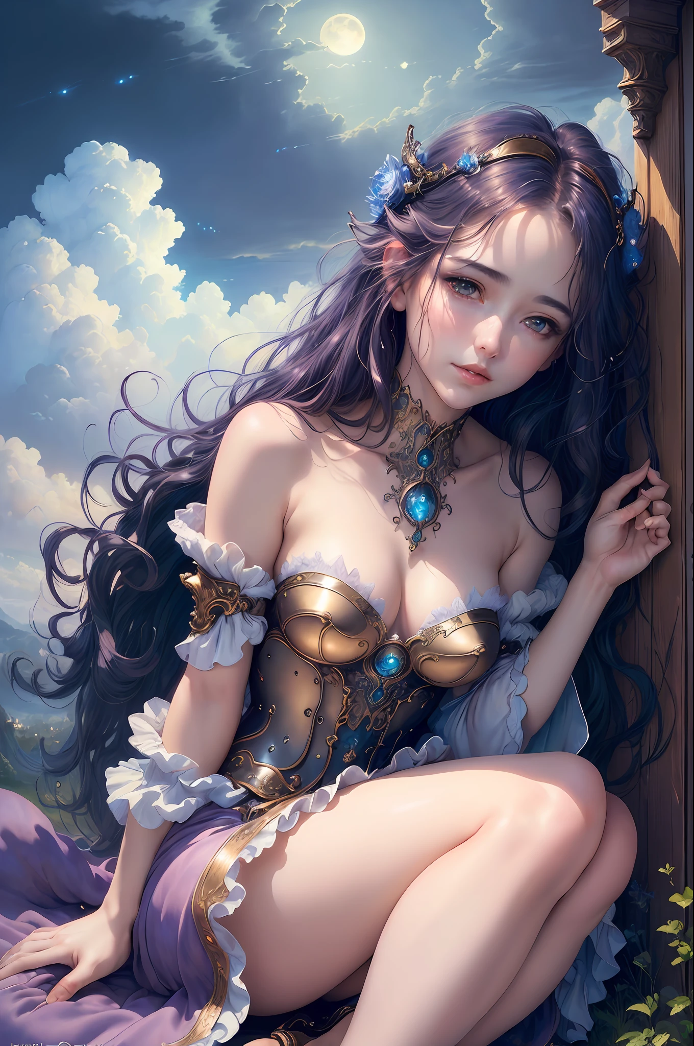 ((best quality)), ((masterpiece)), (detailed), seductive girl, ethereal beauty, perched on a cloud, (fantasy illustration: 1.3), enchanting gaze, captivating pose, delicate dress, otherworldly charm , mystical sky, (Luis Royo:1.2), (Yoshitaka Amano:1.1), moonlit night, soft colors, (detailed clouds:1.3), (high resolution:1.2)