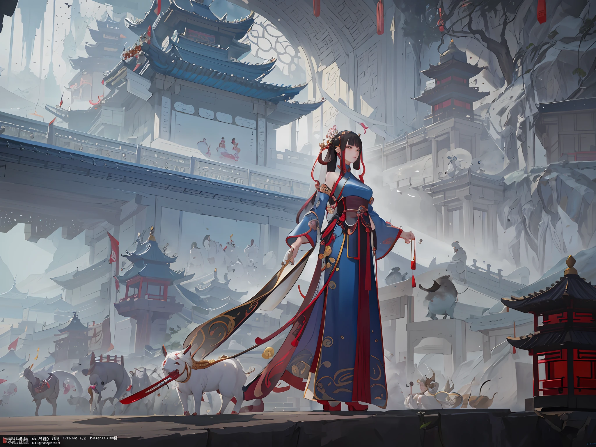 arafed image of a woman in a chinese dress holding a sword, palace , a girl in hanfu, feng zhu concept art, inspired by Fenghua Zhong, wlop and ross tran, chengwei pan on artstation, cushart krenz key art feminine, cgsociety and fenghua zhong, concept art | feng zhu