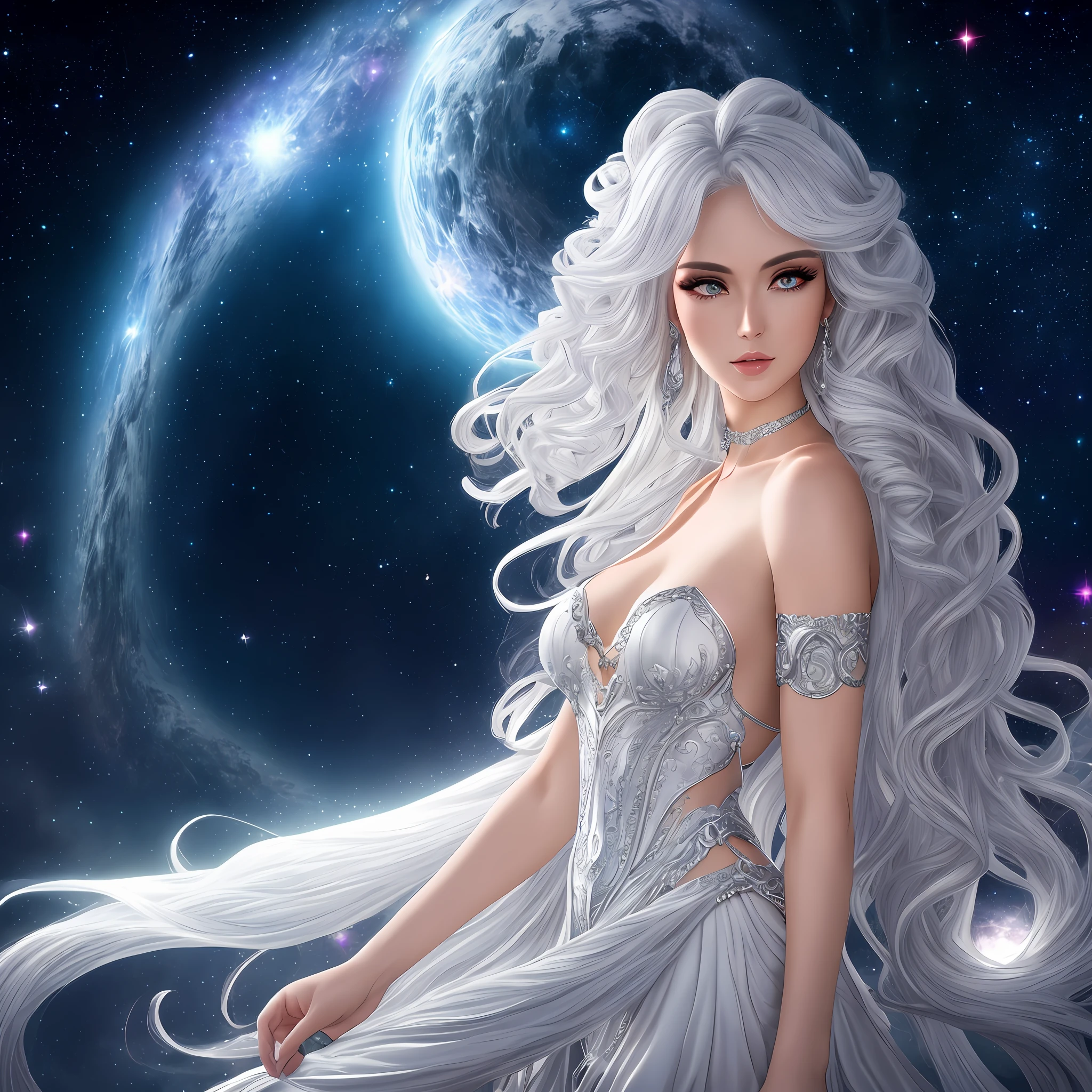 Fantasy style, a hyper realistic detailed image of a celestial feminine woman, covered in nightly glow, looking straight ahead, body facing camera, camera top third of image, perfect composition, super detailed, sharp focus HDR, UDR, 120k, square jaw, light silver and white colored skimpy dress, silver shoulder plates, long curly white hair, amber eyes, in a dark stary night-time fantasy background,