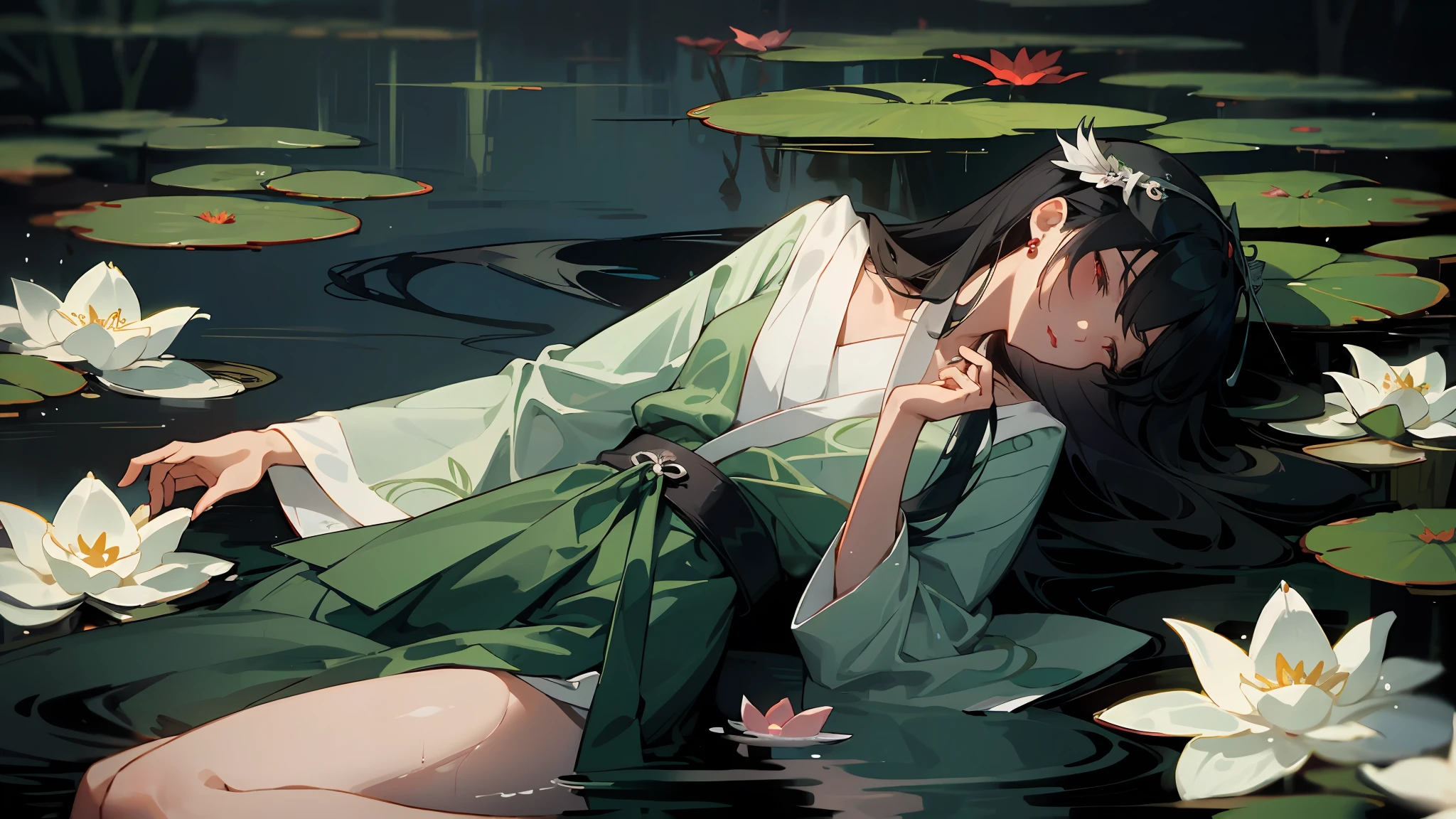 Dark green Hanfu, a woman, cool, fair skin, sea of flowers, pond, lily, clavicle, eyes closed, half submerged in water, dark background, moonlight, hairpin, jade pendant, Hanfu, delicate face, hair accessories, Red lips, skirt, belt, jewelry, long hair, earrings, , Hanfu, best quality, silky hair, perfect body proportions, wet, slender legs