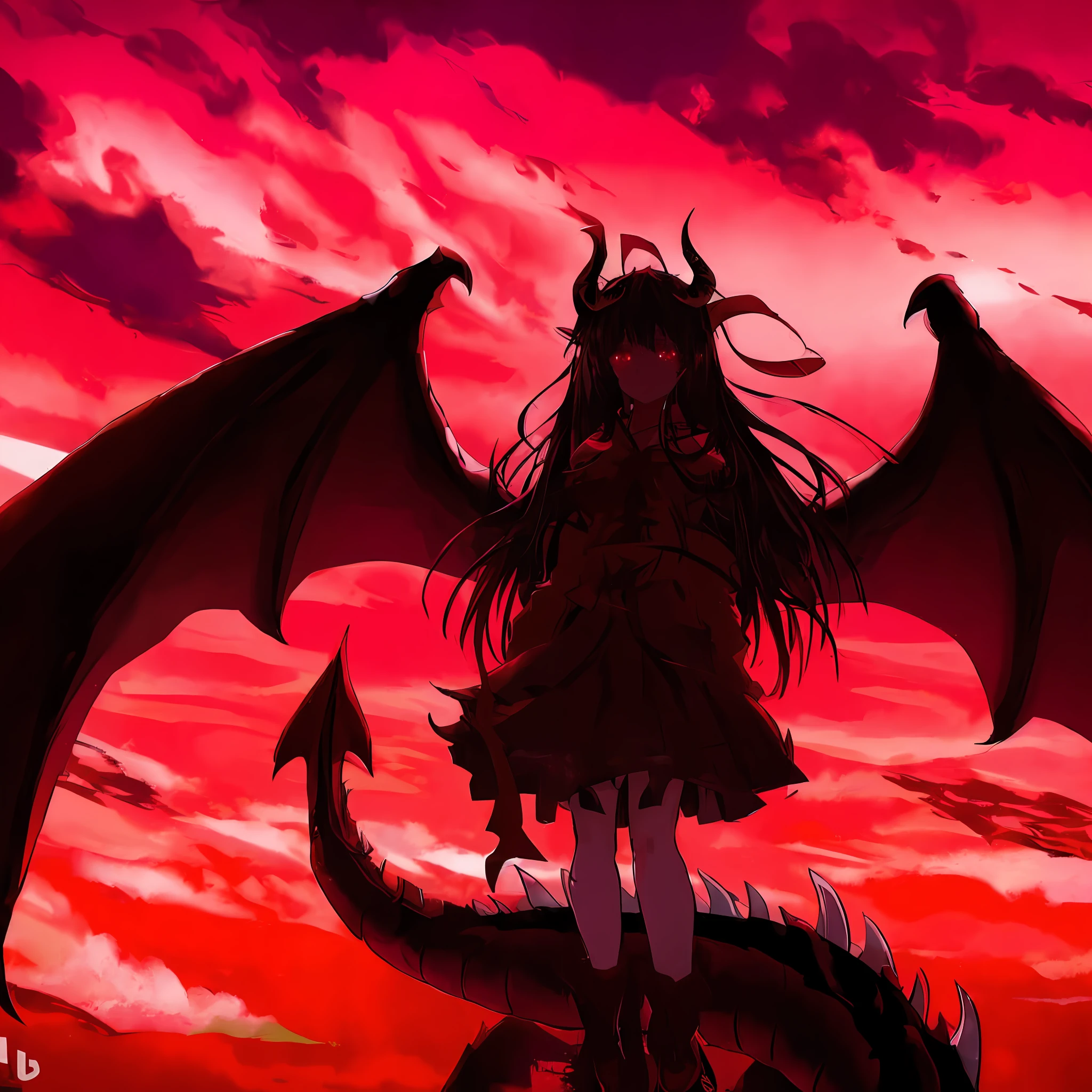 anime girl with dragon wings and a red sky background, demon anime girl, anime monster girl, dragon girl, demon girl, the devil in hell as a dragon, with hellish devil wings, with red glowing eyes, anime style like fate/stay night, by Jin Homura, albedo from the anime overlord, black dragon, demoness