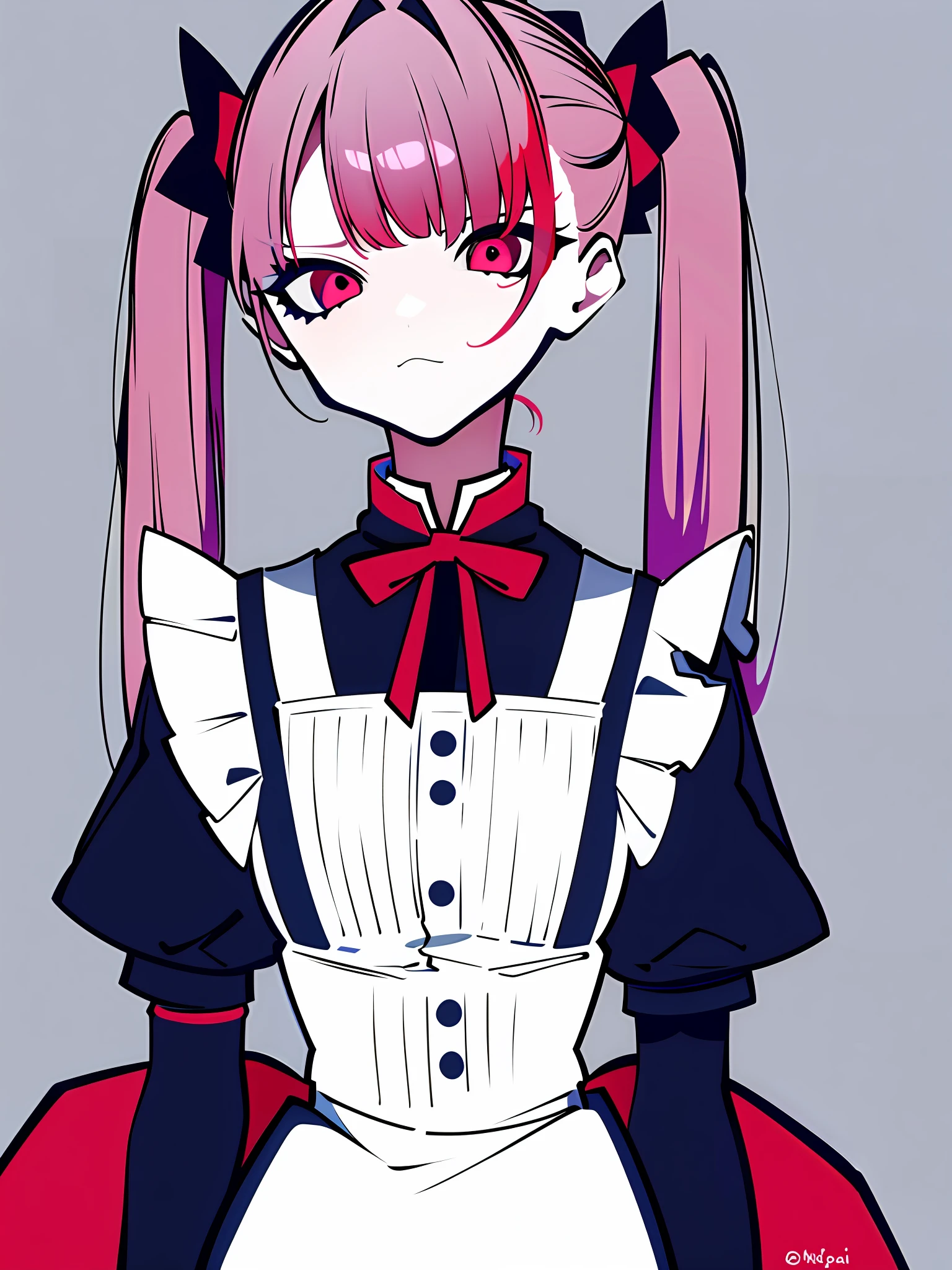 masterpiece, best quality, 1girl, barbara (genshin impact), solo, curled_pigtails, looking_at_viewer, simple_background, long_sleeves, jewelry, closed_mouth, monochrome, upper_body, frills,fingernails, maid, maid_headdress, ring, red_nails, purple_background, look of disgust, annoyed_expression, beige_hair