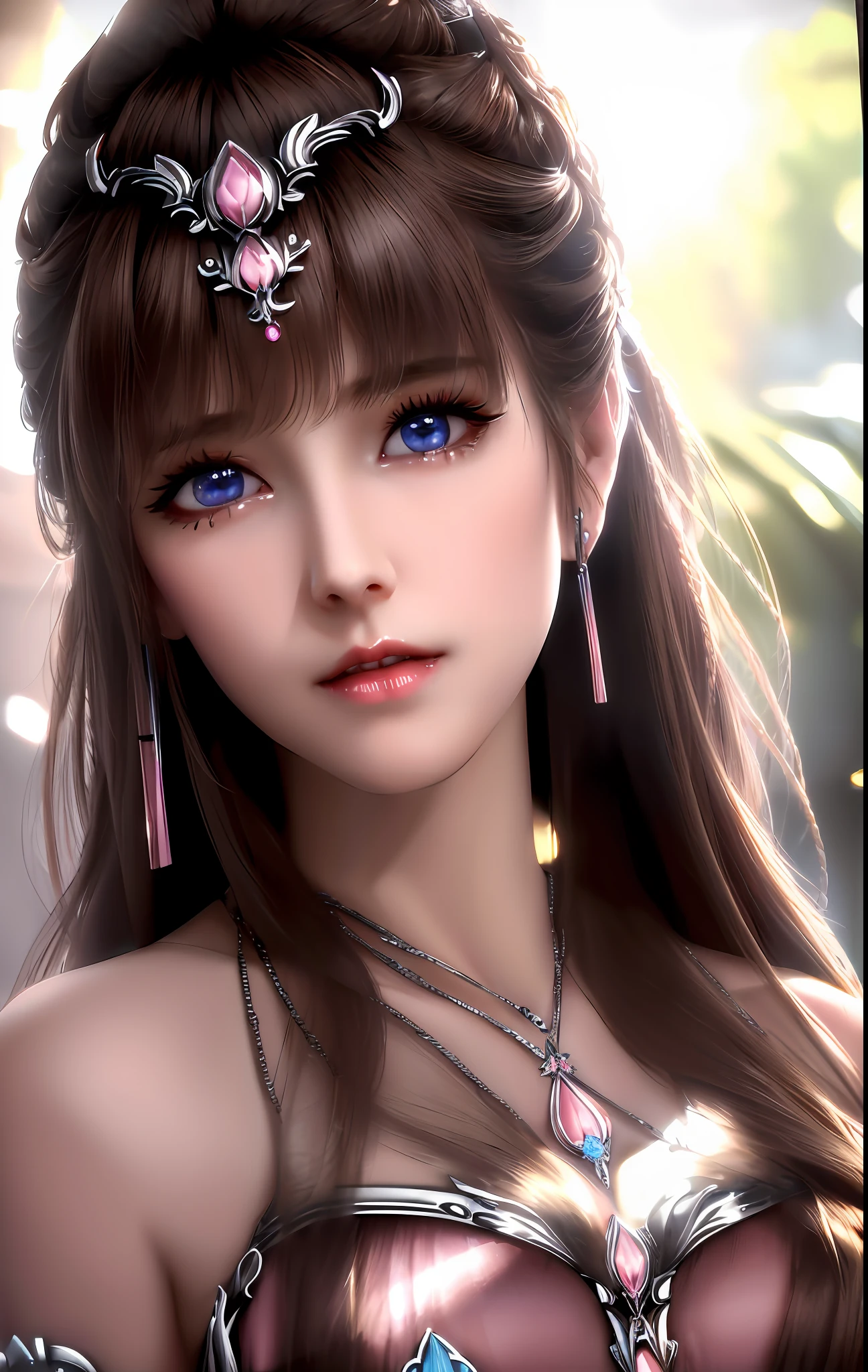 best quality, masterpiece, high_res, 1girl, hair ornament, necklace, jewelry, Beautiful face, tyndall effect, photo realistic, rim lighting, two tone lighting, (high detailed skin:1.2), 8k uhd, dslr, soft lighting, high quality, volumetric lighting, candid, Photograph, high resolution, 4k, 8k, Bokeh, medium breasts, absurdres, light brown hair color, view of the body from head to knees, blue eyes color, pink color dress,