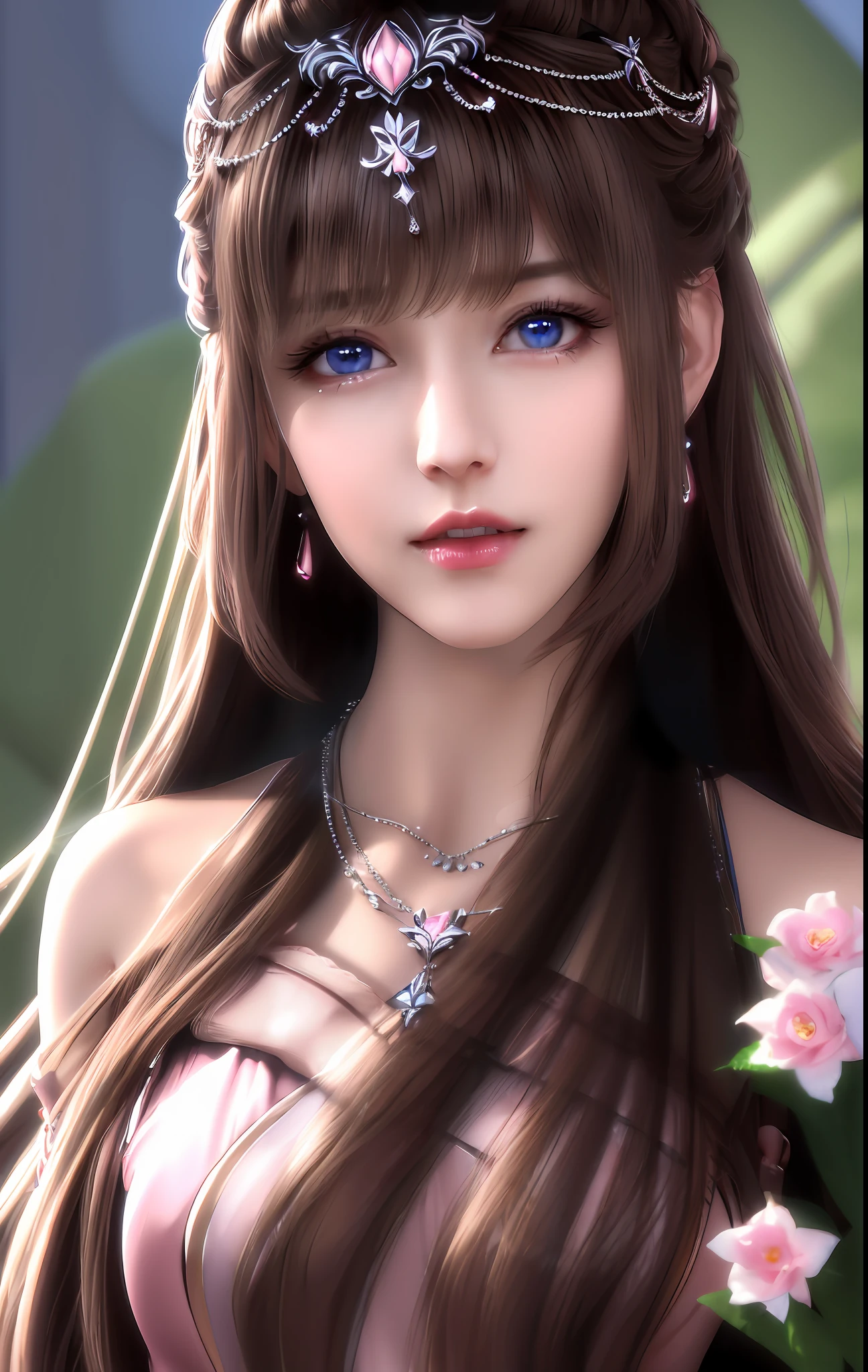 best quality, masterpiece, high_res, 1girl, hair ornament, necklace, jewelry, Beautiful face, tyndall effect, photo realistic, rim lighting, two tone lighting, (high detailed skin:1.2), 8k uhd, dslr, soft lighting, high quality, volumetric lighting, candid, Photograph, high resolution, 4k, 8k, Bokeh, medium breasts, absurdres, light brown hair color, view of the body from head to knees, blue eyes color, pink color dress,