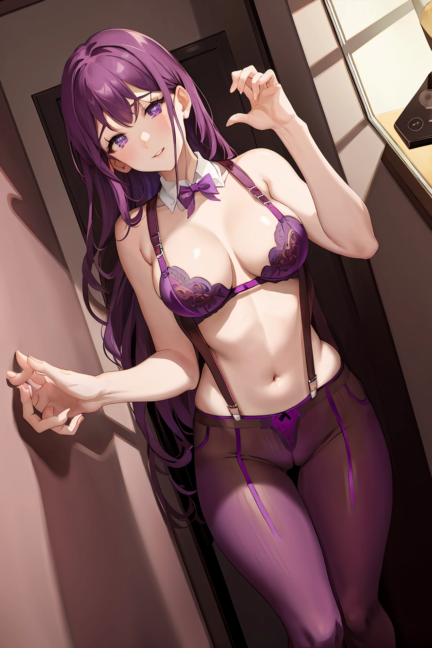purple suspenders, cleavage, red underwear