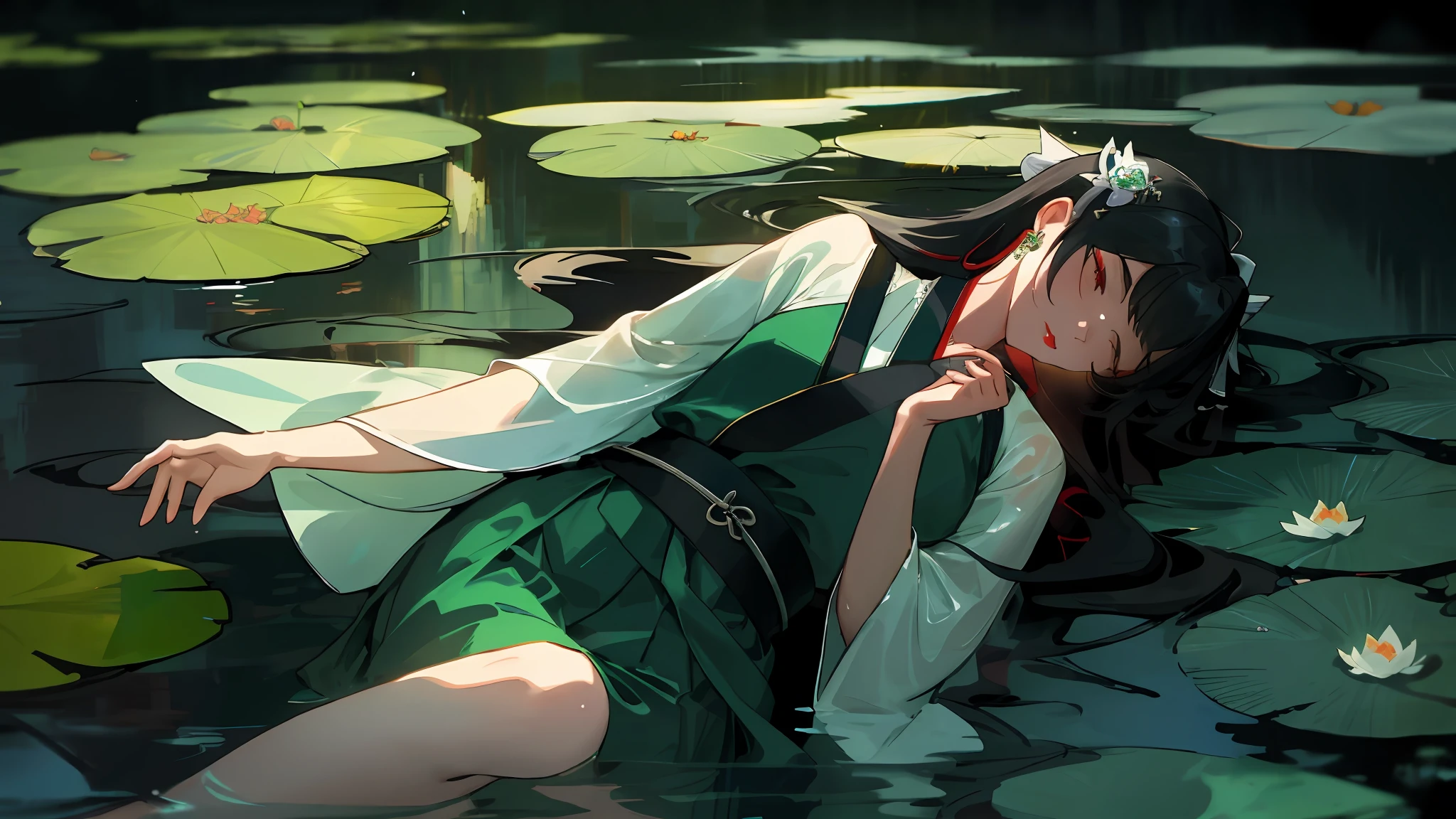 Dark green Hanfu, a woman, cool, fair skin, sea of flowers, pond, lily, clavicle, eyes closed, half submerged in water, dark background, moonlight, hairpin, jade pendant, Hanfu, delicate face, hair accessories, Red lips, skirt, belt, jewelry, long hair, earrings, , Hanfu, best quality, silky hair, perfect body proportions, wet, slender legs