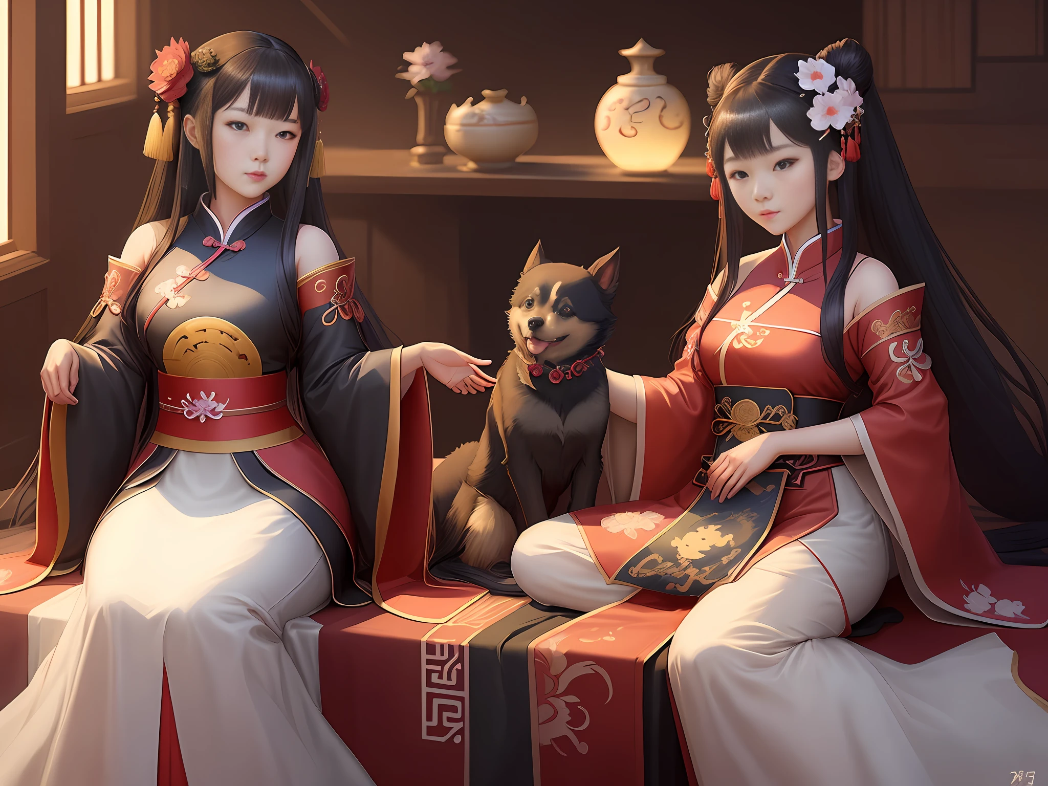 anime style drawing of woman in chinese dress and dog, palace, girl in hanfu, Yang J, onmyoji detail art, pan chengwei on art station, feng zhu concept art, cushart krenz key art woman, inspired by Fenghua Zhong, guweiz style artwork (gobgirlz:1.2), detailed backgrounds, detailed, illustration, trending artstation, digital painting, symmetry, atmospheric light,