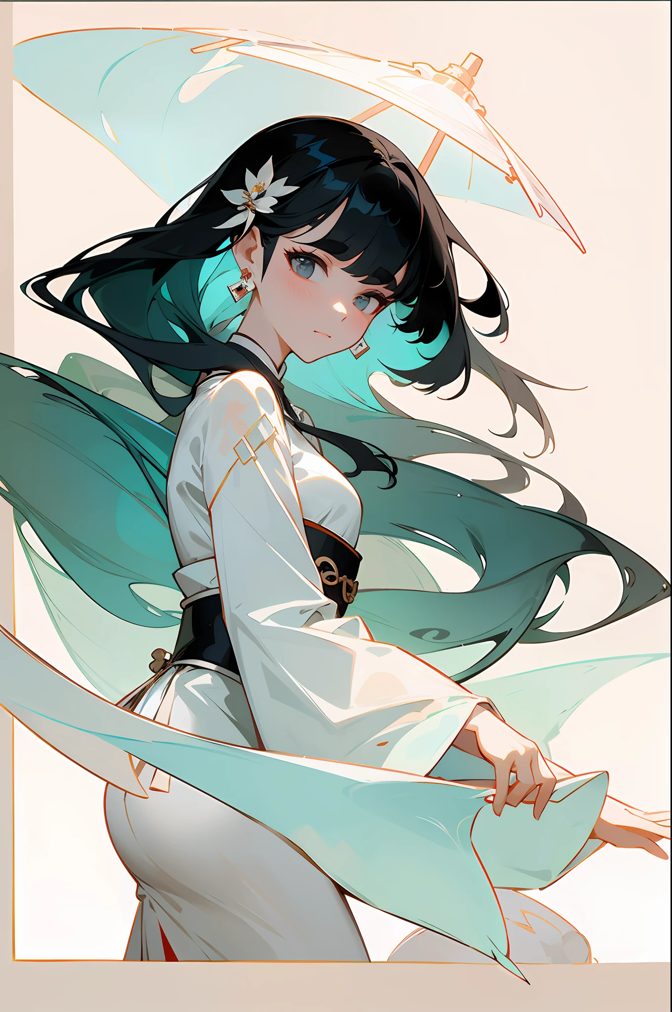 White skin, melancholy eyes, palace, a girl in Hanfu, beautiful figure painting, white Hanfu, watery eyes, looking at the viewer, skirt, jewelry, long black hair, earrings, closed mouth, Chinese architecture , vase, 8k, tower, translucent clothes, willow-leaf eyebrows, riverside, jade bracelet, simplicity，