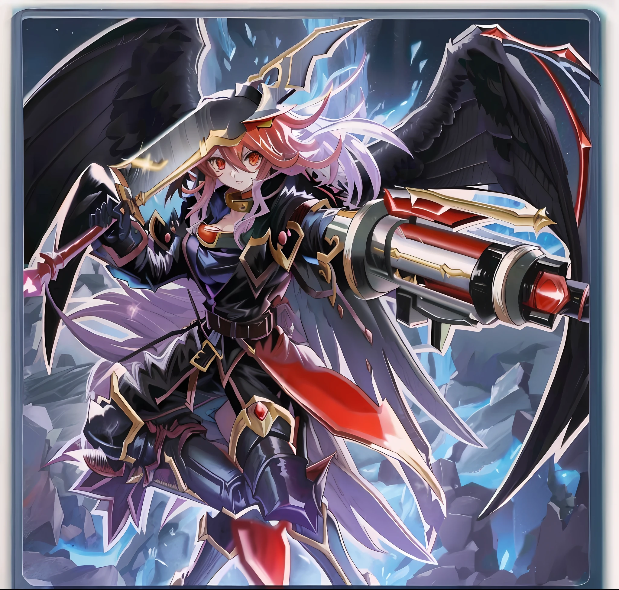 Close up of a card with a big sword and big wings, gungnir, yugioh artwork, black aarakocra, yugioh card, gurren lagan, grim reaper, pretty girl! ! ! ,