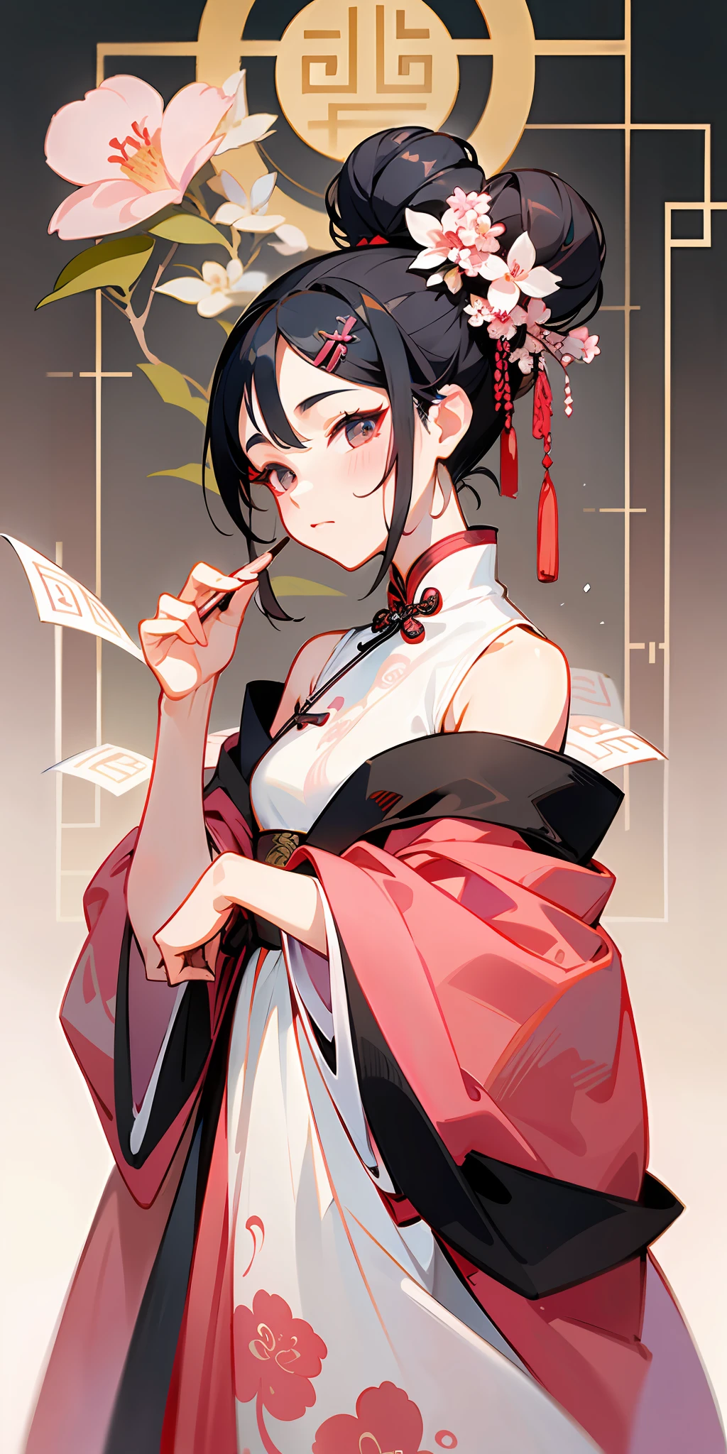 An ancient Chinese beauty, wearing an ancient Chinese pink dress, open neck, bare shoulders, flowing cloak, tulle, hair bun, flower hairpin, bracelet, Chinese painting, watercolor, ink, popular on cgstation, masterpiece, the best quality, 32K --v 6