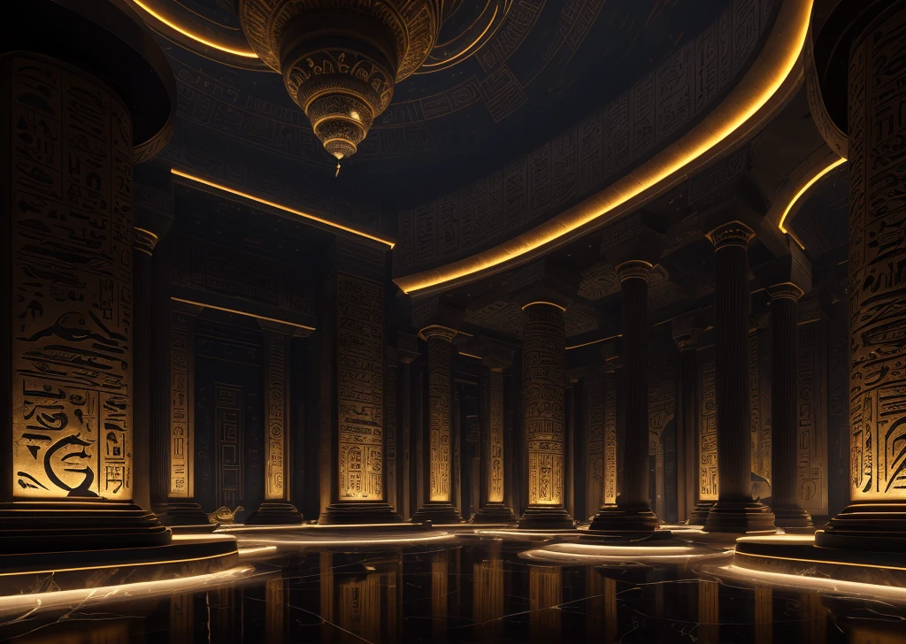 incredible black luxurious futuristic interior in Ancient Egyptian style with lotus flowers, palm trees, hieroglyphics, rocky walls, sand, marble, precious minerals, metals, gemstones, crystals, clouds and water, crocodiles, ultra luxury, black marble – with beautiful lights, Unreal Engine, HQ, 16k