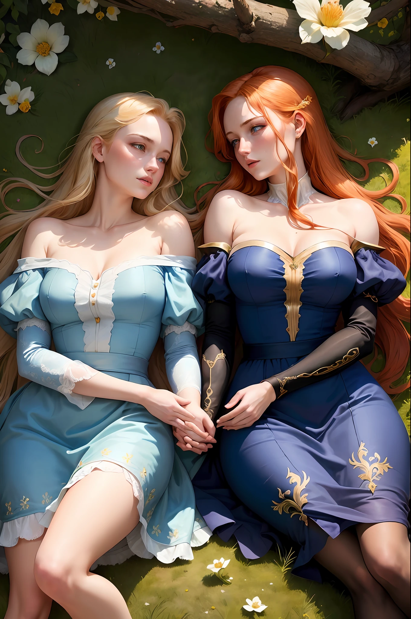 ((best quality)), ((masterpiece)), (detailed), (fantasy illustration: 1.3), The cover of the could have two women lying down like on a tablecloth there is grass around them both are lying on the tablecloth Intertwining their hands in a loving way, the blonde looks up at the tree that covers them and the other redhead at the blonde. There are flowers around her, the blonde wears a historical blue dress that shows her shoulders and the redhead wears a white T-shirt and black pants.