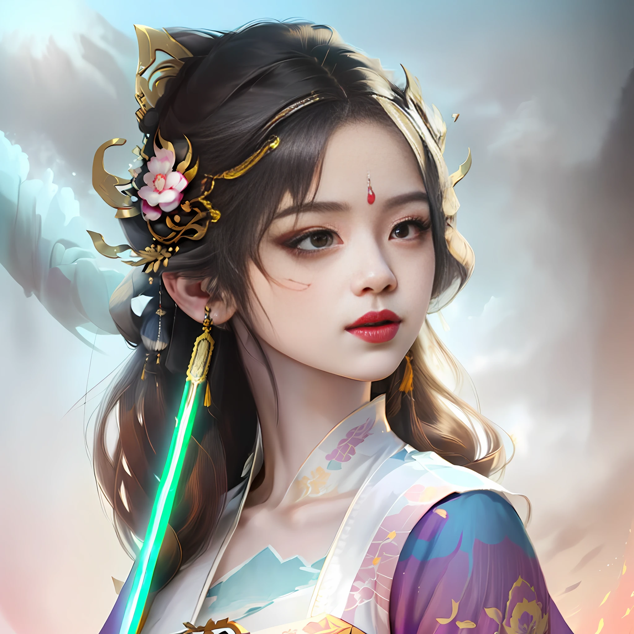 arafed image of woman in chinese costume with sword, palace, girl in hanfu, feng zhu concept art, inspired by Fenghua Zhong, wlop and ross tran, chengwei pan on artstation, cushart krenz key art feminine, cgsociety and fenghua zhong, concept art| Fengzhu (gobgirlz:1.2), detailed background, detailed, illustration, trending artstation, digital painting, symmetry, atmospheric light,
