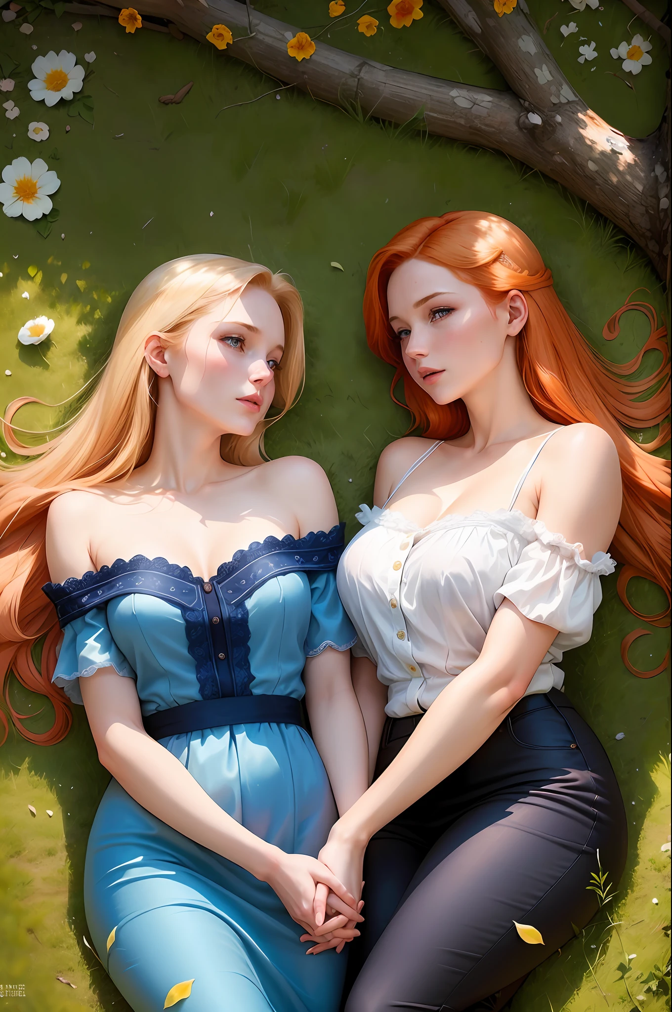The cover of the could have two women lying on a tablecloth, there is grass around them, both are lying on the tablecloth, intertwining their hands in a loving way, the blonde looks up at the tree that covers them and the other redhead at the blonde. There are flowers around her, the blonde wears a historical blue dress that shows her shoulders and the redhead wears a white T-shirt and black pants. The blonde girl should reflect her free spirit and the redhead her love and kindness and care for the blonde