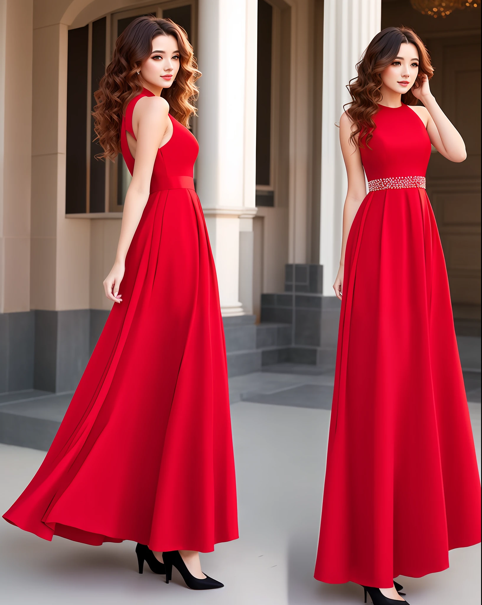 Big wavy hair red evening dress long skirt