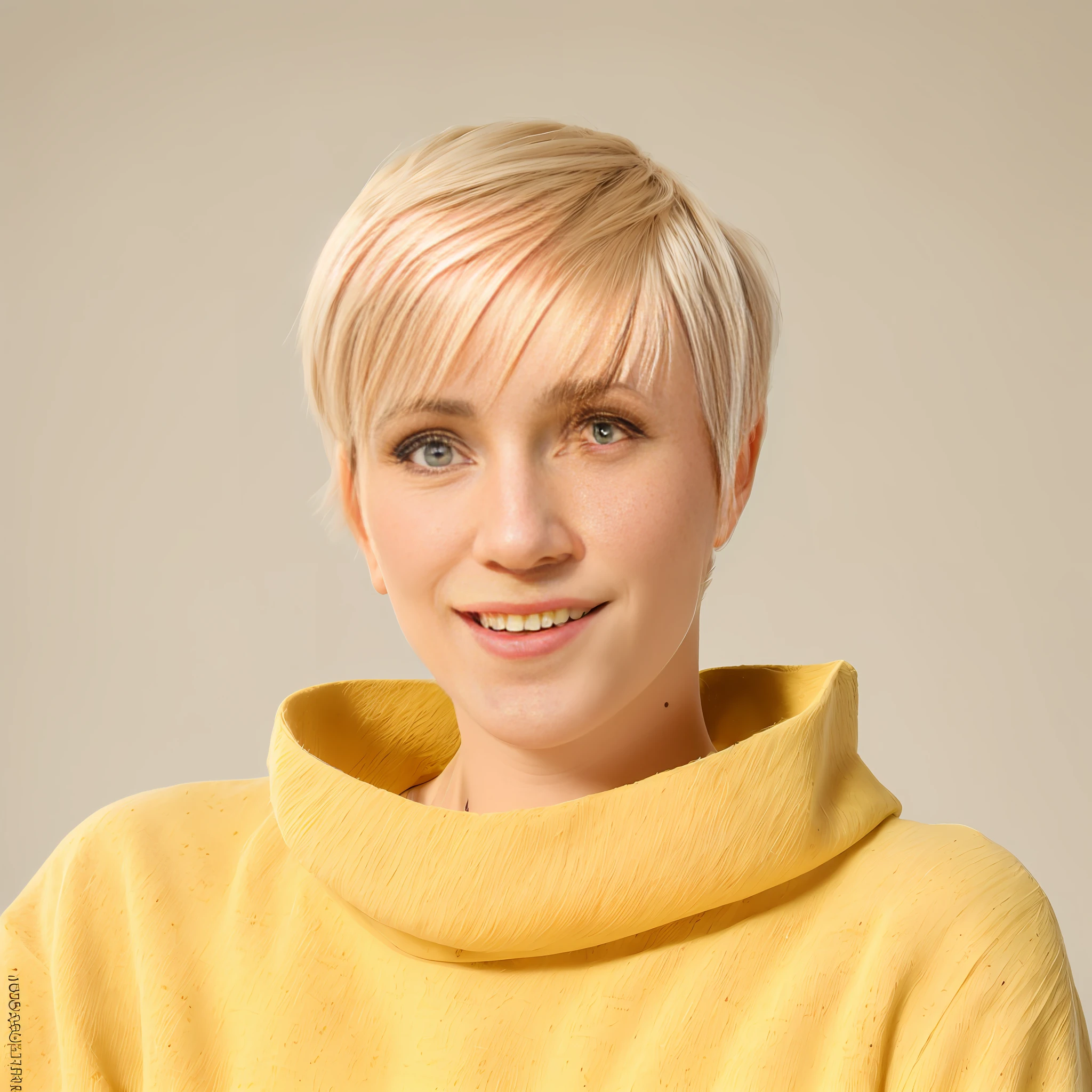blond woman with short hair and yellow sweater posing for a picture, short blond hair, portrait sabrina lloyd, bleached blonde short hair, medium yellow blond hair, blonde short hair, short blonde hair, inspired by Louisa Matthíasdóttir, short blonde hair with bangs, magdalena radziej, yellow hair, anastasia ovchinnikova