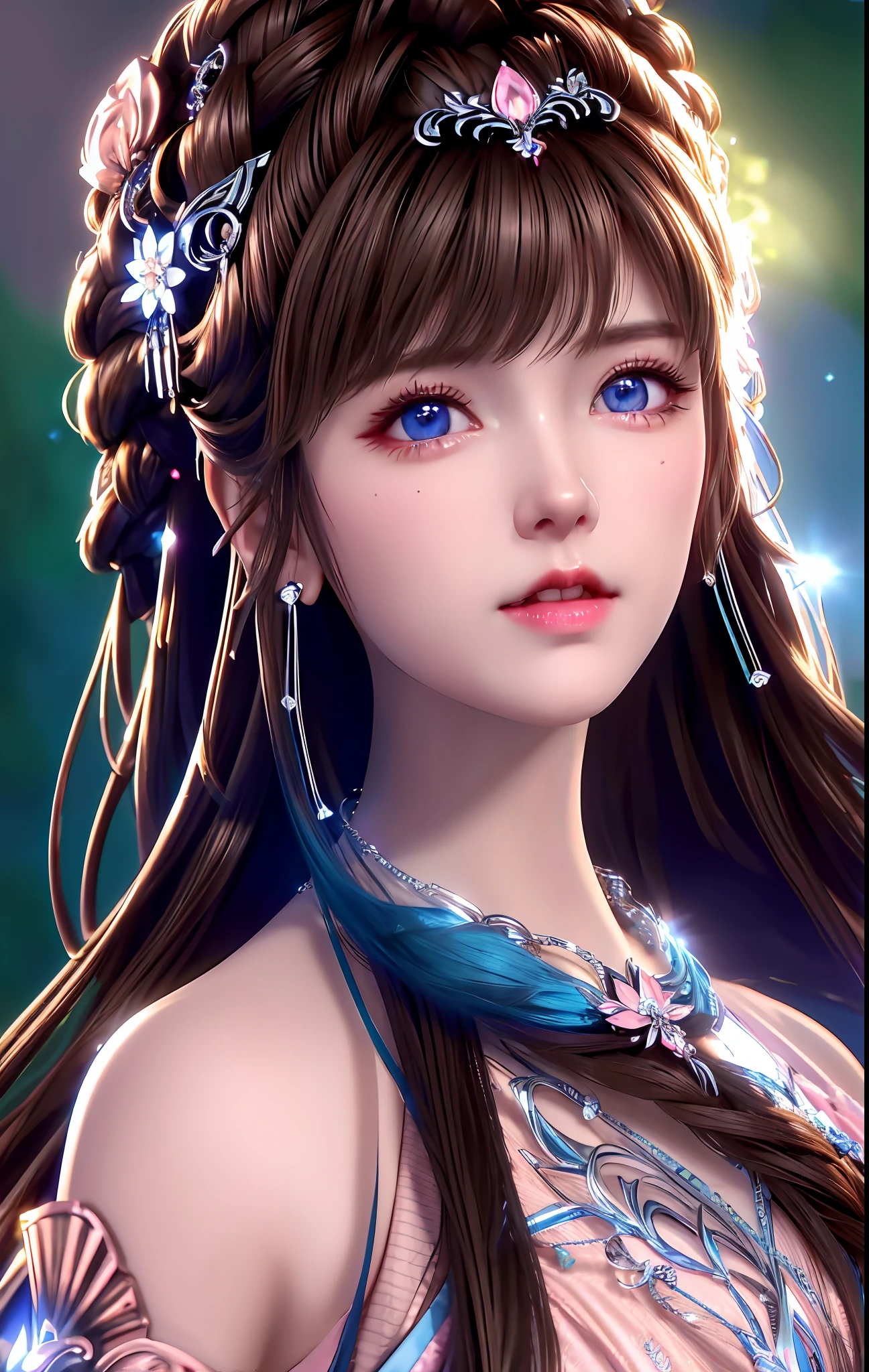 best quality, masterpiece, high_res, 1girl, hair ornament, necklace, jewelry, Beautiful face, tyndall effect, photo realistic, rim lighting, two tone lighting, (high detailed skin:1.2), 8k uhd, dslr, soft lighting, high quality, volumetric lighting, candid, Photograph, high resolution, 4k, 8k, Bokeh, medium breasts, absurdres, light brown hair color, blue eyes color, pink color dress,
