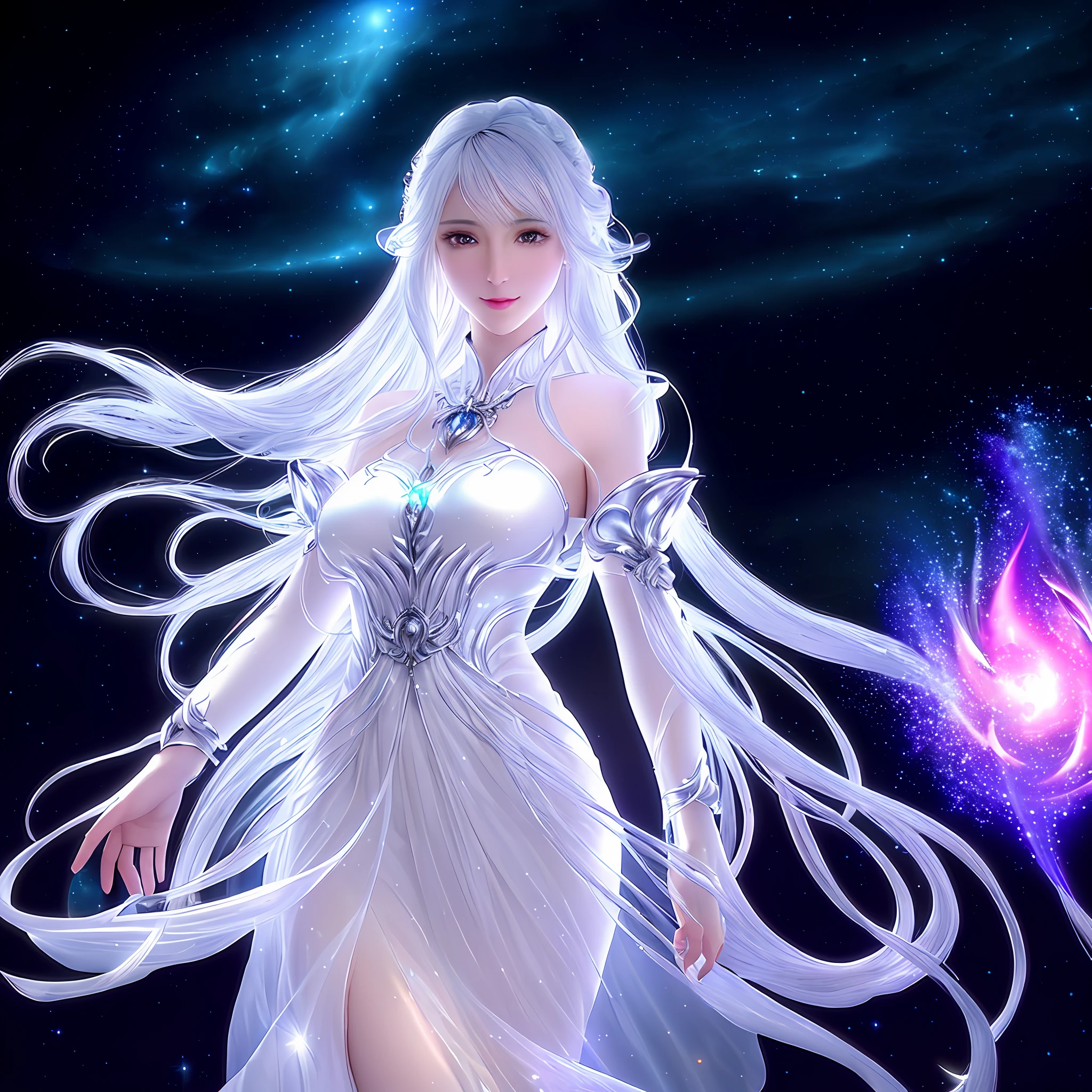 Fantasy style, a hyper realistic detailed image of a celestial feminine woman, covered in nightly glow, looking straight ahead, body facing camera, camera top third of image, perfect composition, super detailed, sharp focus HDR, UDR, 120k, square jaw, light silver and white colored skimpy dress, silver shoulder plates, long curly white hair, amber eyes, in a dark stary night-time fantasy background,