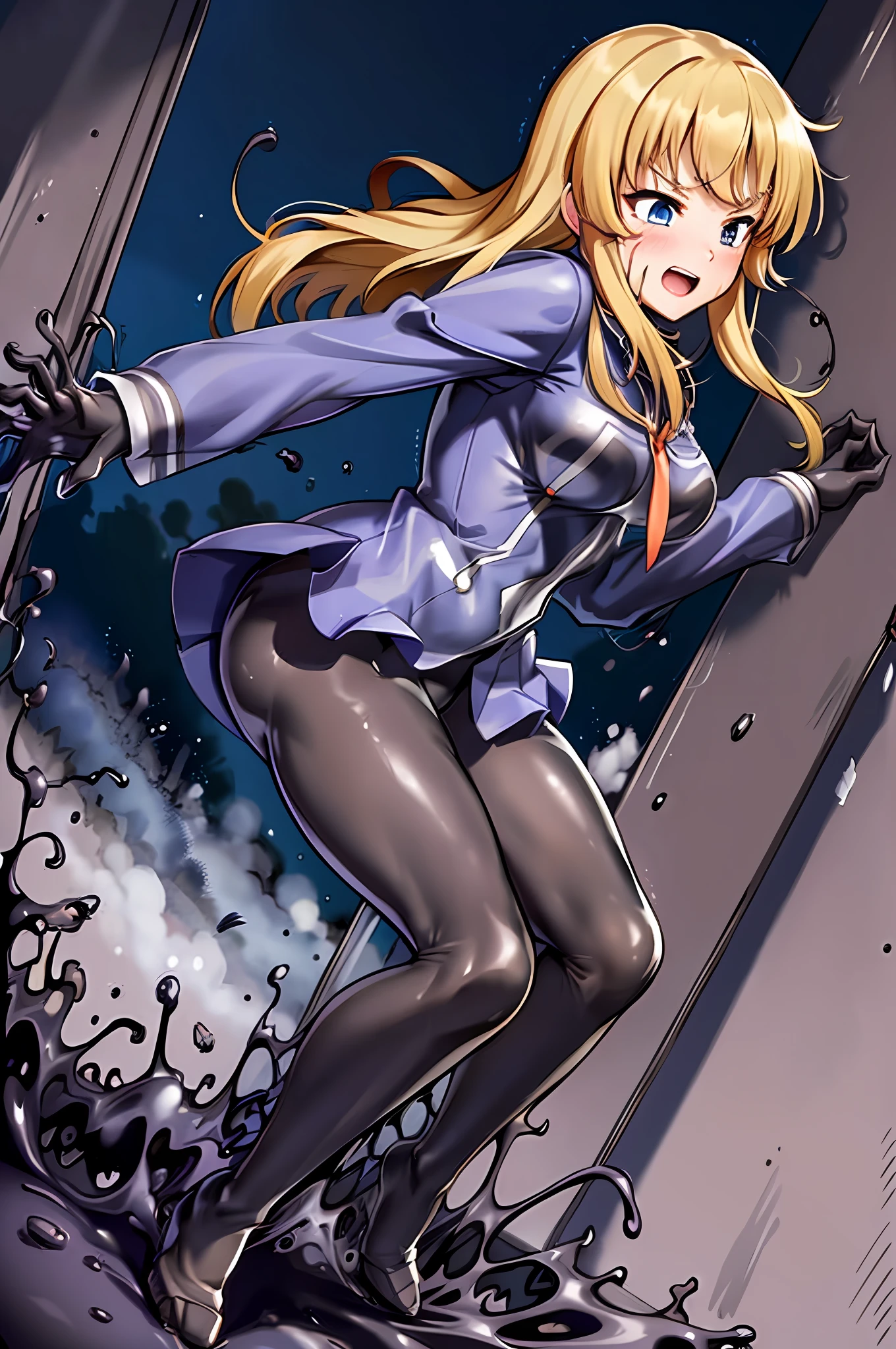 Marine Kitagawa, Long hair, blonde hair, scared, ((best quality:1.3)), panicked, church, black slime, takeover, symbiote