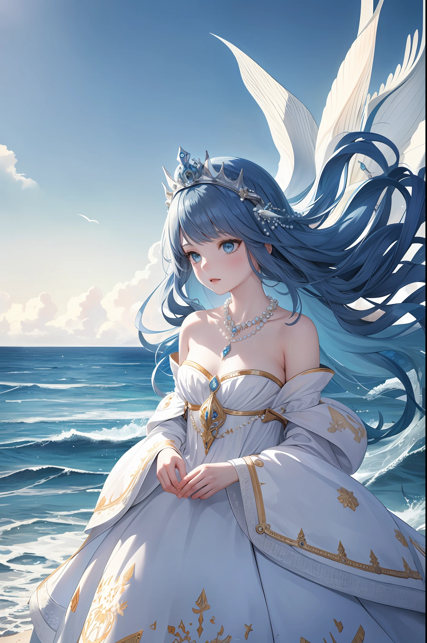 Girl, alone, sea blue long hair, blue eyes, dress, necklace, pearls, shells, waves, ocean, sea, fish, boat, super detail, best quality, white crown, masterpiece, extreme, headgear, intricate detail , strapless, on board