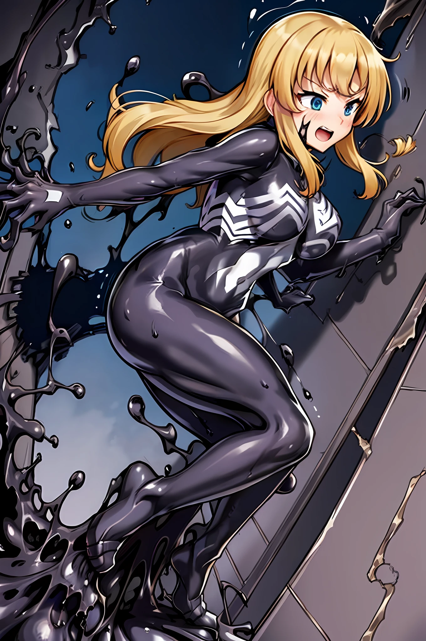 Marine Kitagawa, symbiote, Long hair, blonde hair, scared, ((best quality:1.3)), panicked, church, black slime, takeover,