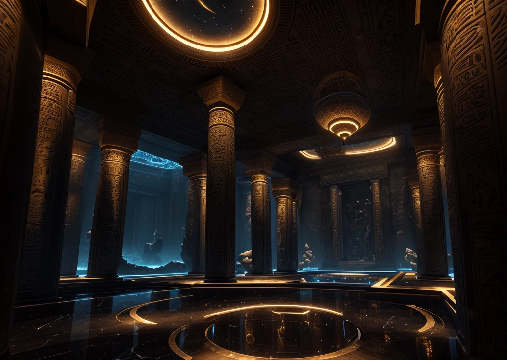 incredible black luxurious futuristic interior in Ancient Egyptian style with lotus flowers, palm trees, hieroglyphics, rocky walls, sand, marble, precious minerals, metals, gemstones, crystals, clouds and water, crocodiles, ultra luxury, black marble – with beautiful lights, Unreal Engine, HQ, 16k