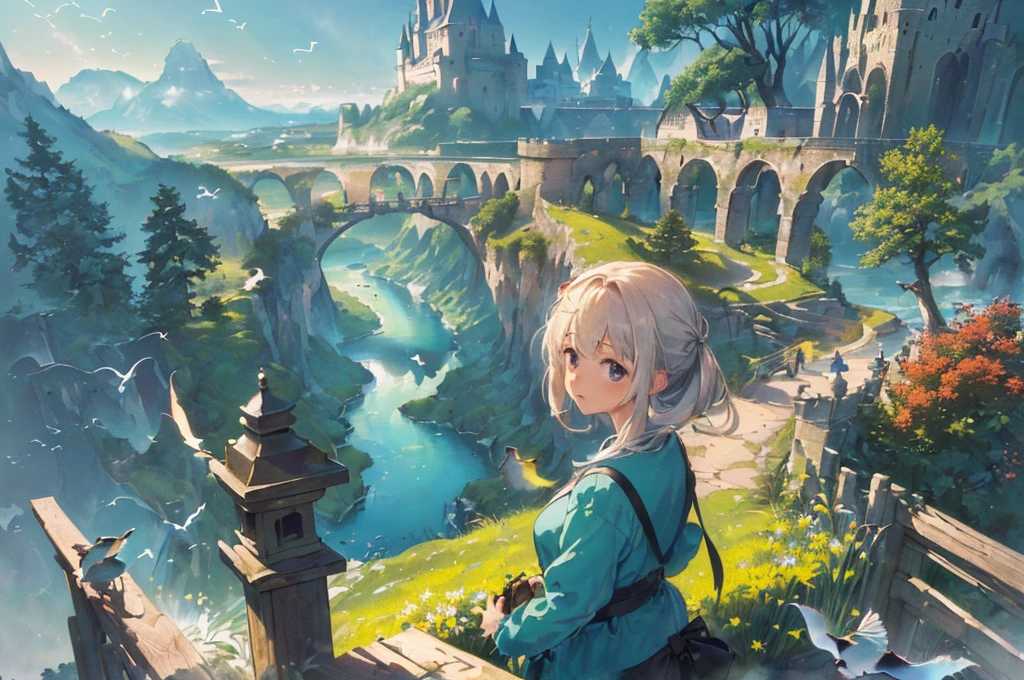 ((masterpiece,best quality,official art,unity 8k wallpaper, highres, (1girl:1.4),looking away,(breathtaking landscapes:1.2), natural wonders, serene vistas, outdoor exploration, (diverse ecosystems:1.2), scenic beauty, tree,castle,village,flowers,bridge,fence, (birds:1.2)