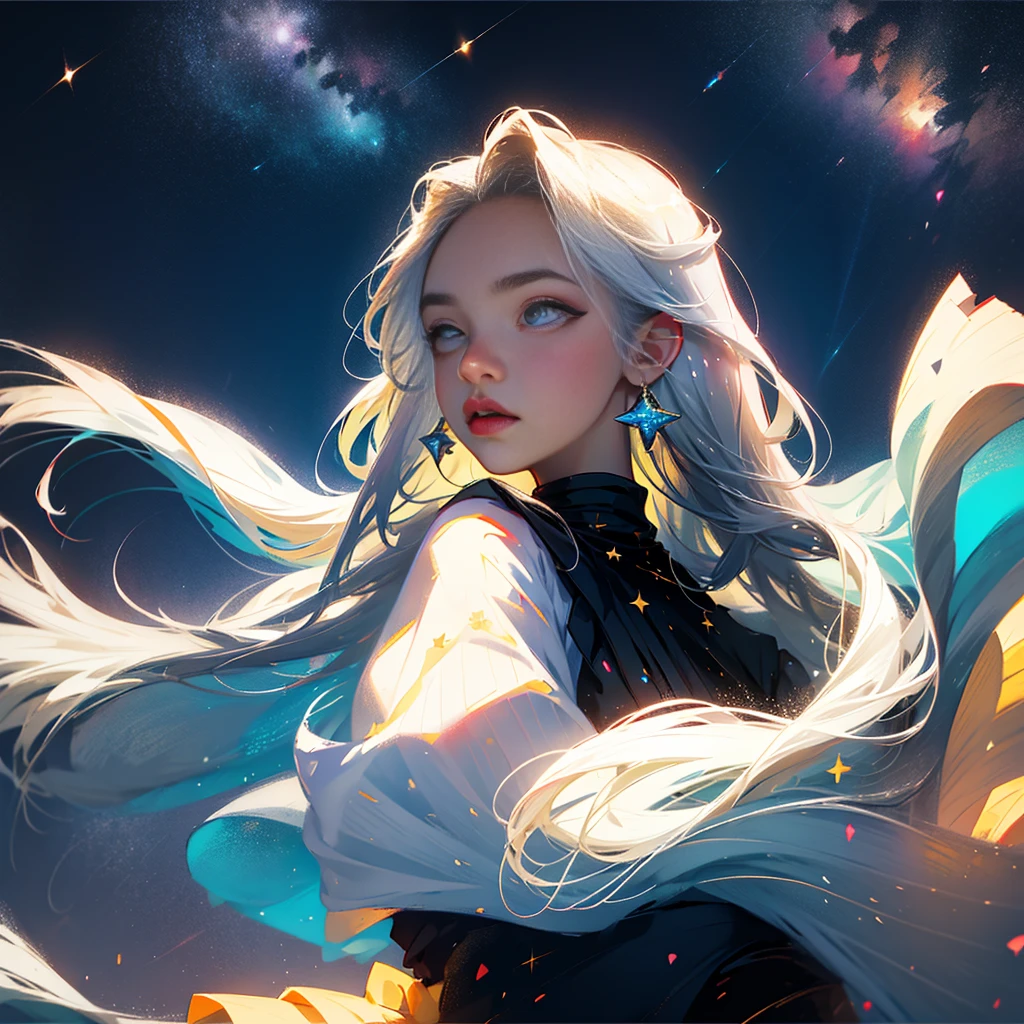 (best quality, masterpiece), 1girl, pose, facial features, eyes, particles, wind, upper body, simple background, looking at viewer, silver-haired girl, starry sky,